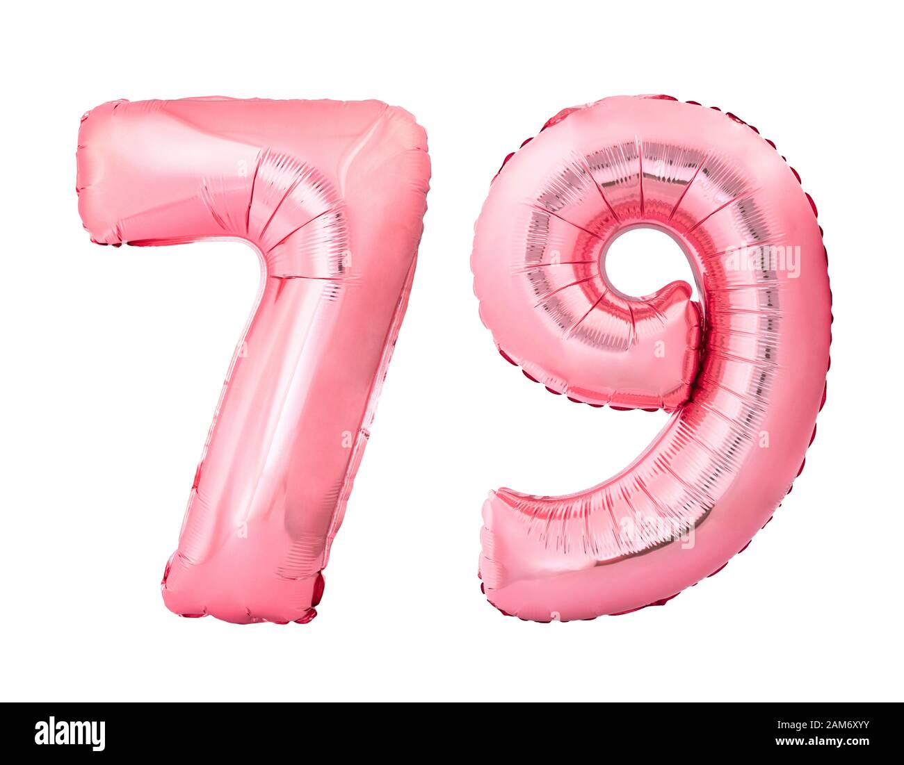 Numero 79 settantanove di palloncini gonfiabili in oro rosa isolati su sfondo bianco Foto Stock