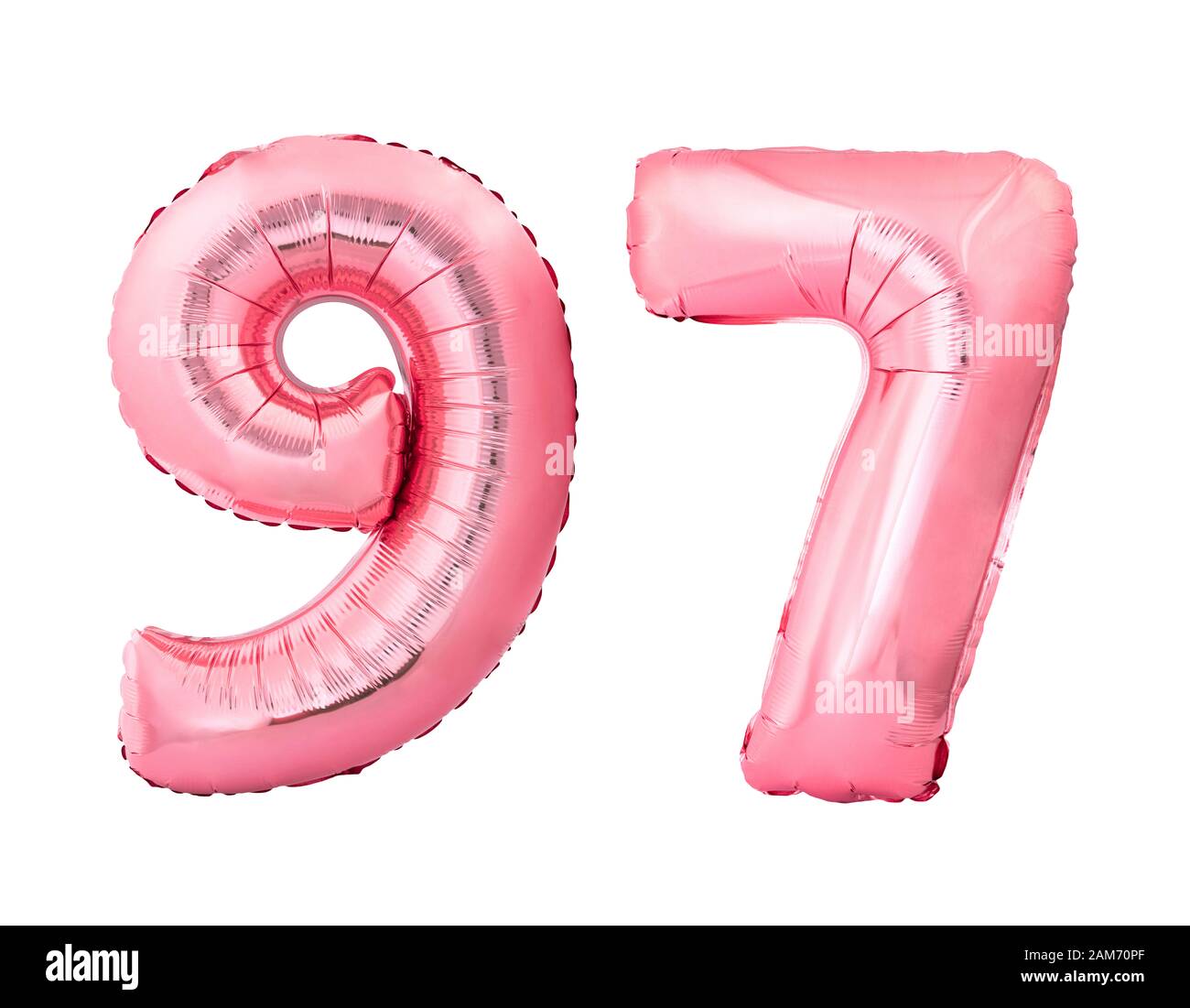 Numero 97 novantasette fatto di palloncini gonfiabili in oro rosa isolato su sfondo bianco Foto Stock