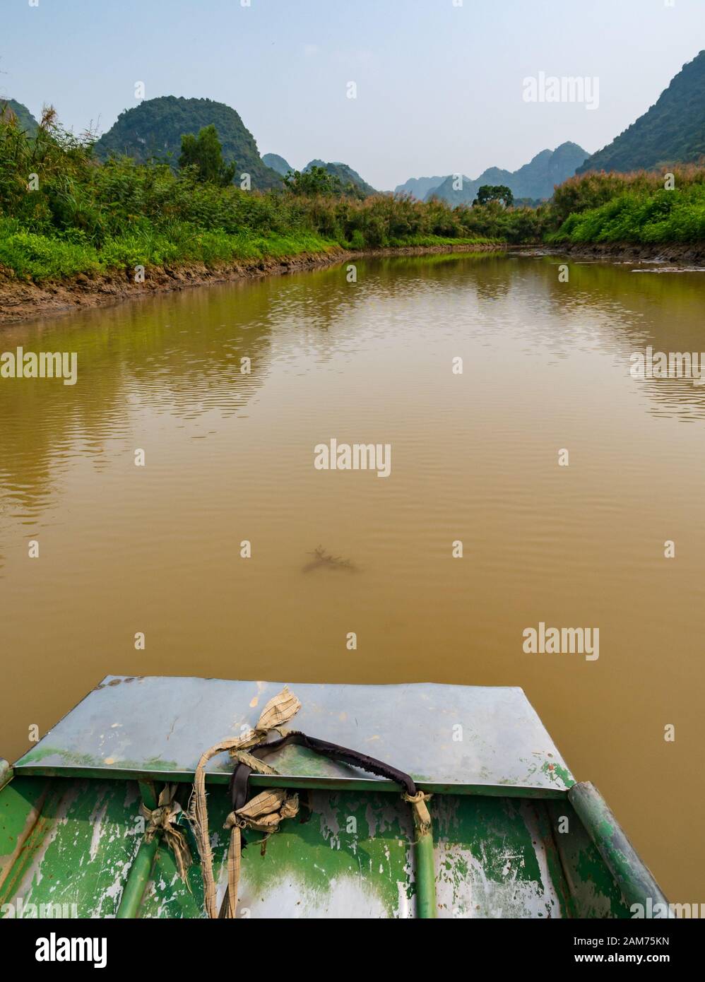 Sampan sul fiume con vista delle montagne carsiche calcaree, Ninh Binh, Vietnam, Asia Foto Stock