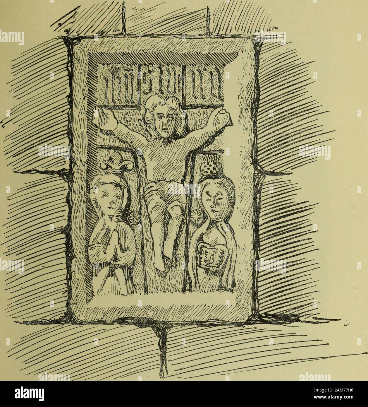 Sesta relazione e inventario dei monumenti e costruzioni nella contea di Berwick . m. Fiancheggianti la croce sul dexterside è una figura della Vergine con le mani giunte in preghiera, eal di sopra è scolpito un giglio; sul lato sinistro San Giovanni è raffigurato bear-ing apparentemente un libro e un thistle è scolpita sopra. Un roundel oneither lato dell'albero trasversale simboleggia il sole e la luna. Variousdata suggeriscono alla fine del secolo XV o inizio del XVI secolo come theprobable data. Su una pietra che giace al di là, che apparentemente formata l'apice del frontone orientale del vault, sono le lettere sono impostati in un rebus, whichpossib Foto Stock