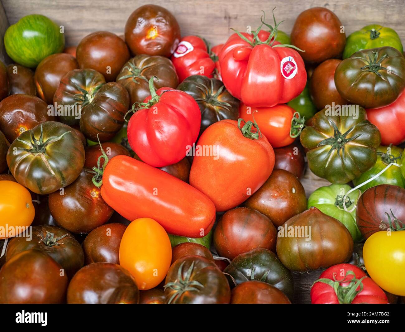 Selezione di pomodori maturi in un mercato agricolo Foto Stock