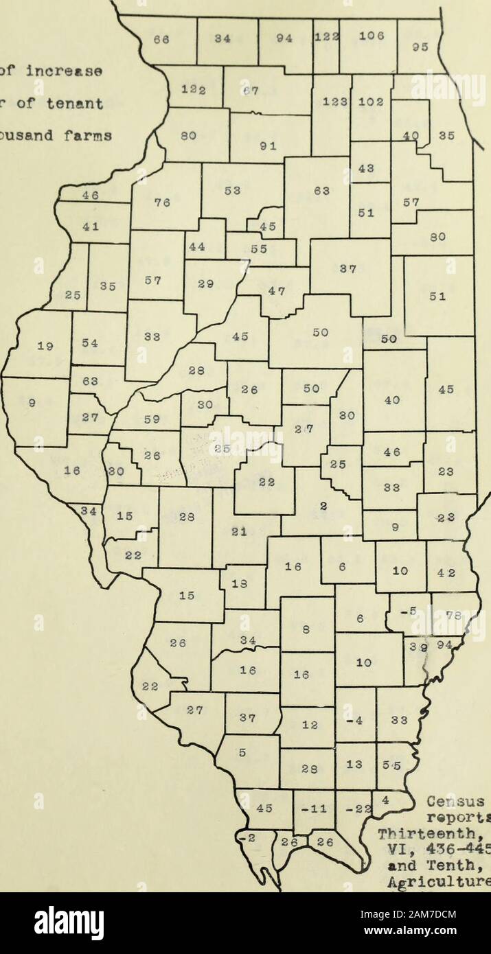 Il possesso della terra negli Stati Uniti : con speciale riferimento all'Illinois . 49. 5 43,9 24. 7 49. 5 36,1 34,5 31,3 2 5,0 26,0 37,4 31,4 29 . 4 ,33,3 23,1 27. 7 27.2 J20.7 34. 7 25. 1 ?D. 3 32,1 38. 9 &gt;35 20. 33. 5&LT; 44, 24. 3 4 Thirteenthcensus, VI,476-445. Di ILLINOIS 1880-1910Percentuale di increasein il niimber di tenantfarms per migliaia di aziende agricole dello stato,31.8 diminuire. Censusr "port":TMrteenth,VI, 436-445;e decimo,l'agricoltura,44-47. ILLINOIS 184 1910 Percentuale di farmacreage azionato da ten-formiche 26. 5 Lo stato,4*5.59 Foto Stock