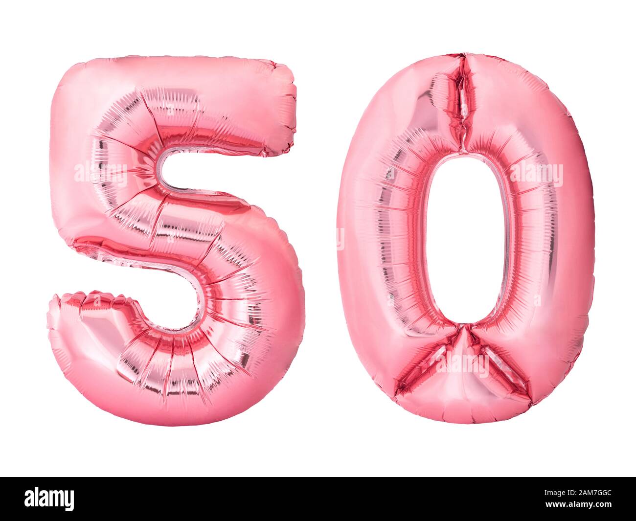 Numero 50 cinquanta di palloncini gonfiabili in oro rosa isolati su sfondo bianco. Sconto e vendita o concetto di compleanno Foto Stock
