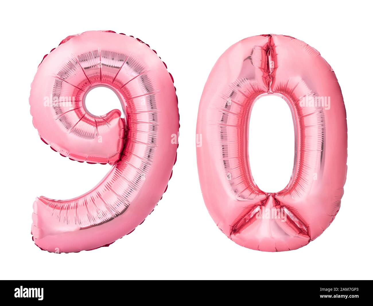 Numero 90 novanta fatto di palloncini gonfiabili in oro rosa isolati su sfondo bianco. Sconto e vendita o concetto di compleanno Foto Stock