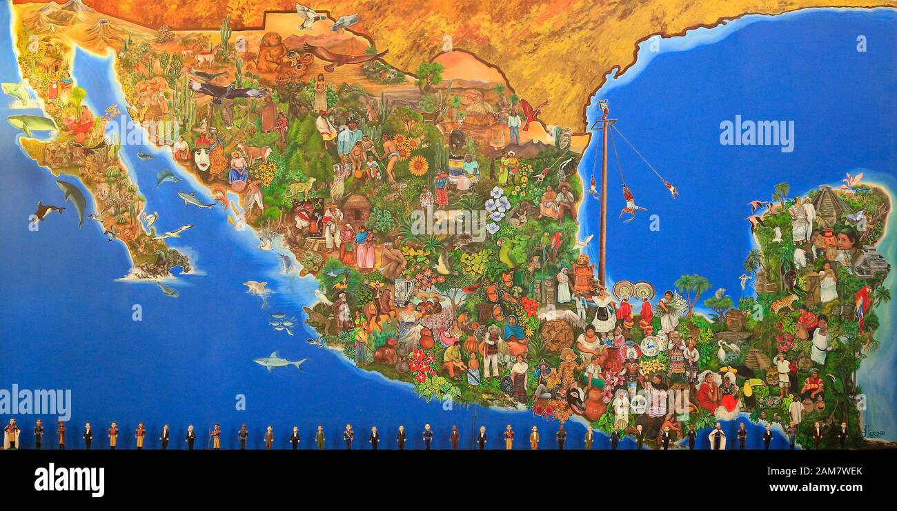 Mappa del Messico tela che illustra la cultura e le tradizioni di diverse aree del paese. Foto Stock