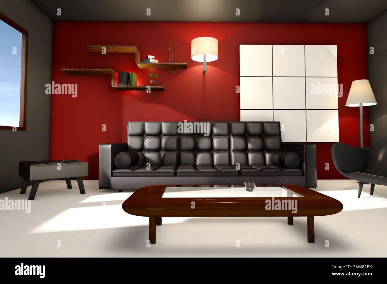 Moderno soggiorno 3D Render CGI, con divano in pelle e sedie pareti rosse e scaffali libro, bella luce di illuminazione e cucina spa Foto Stock