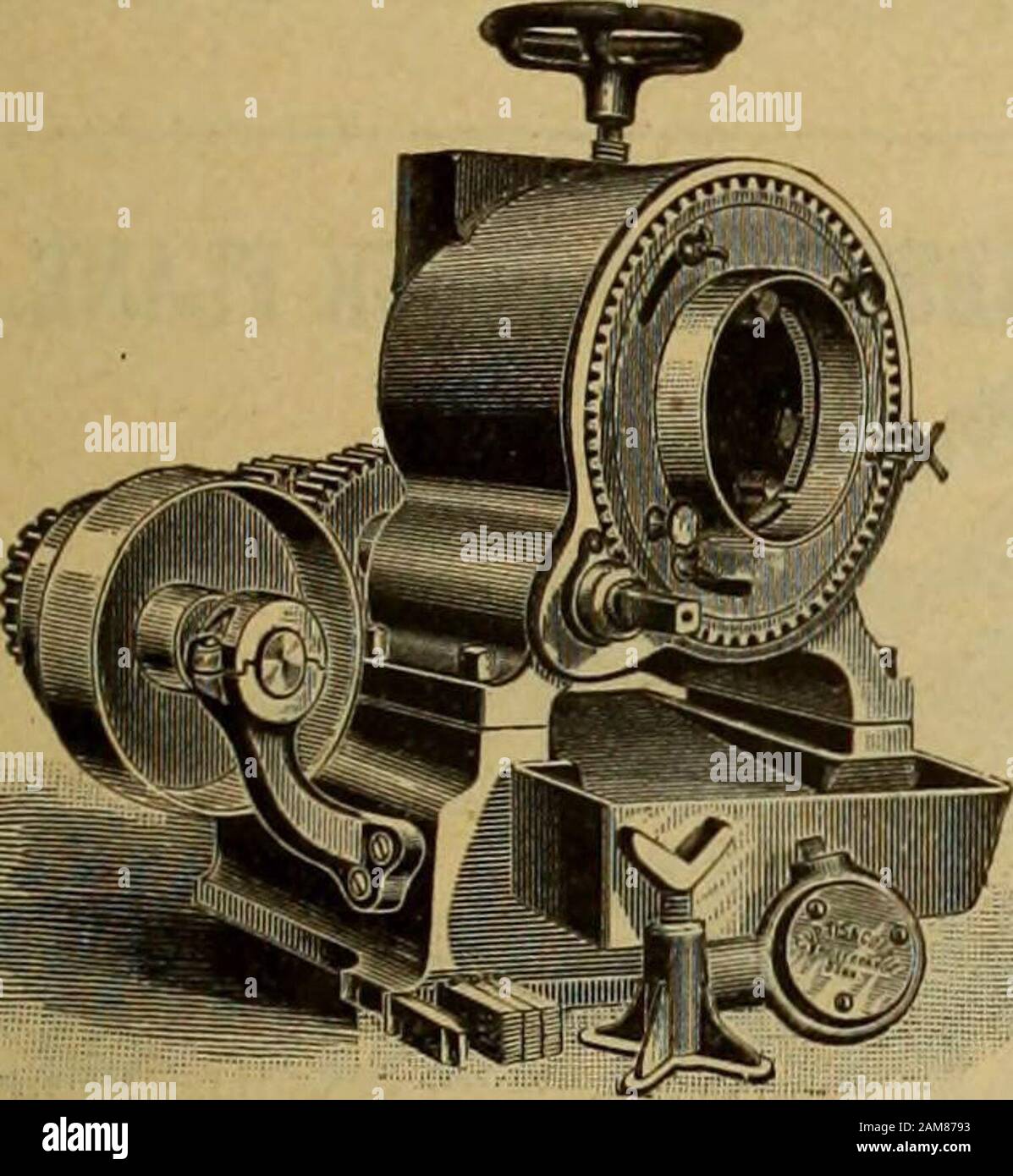 Merchandising Hardware Gennaio-Giugno 1897 . Curtis & CURTIS No.23 Giardino St.Bridgeport, Conn. PRODUTTORI di No.78 Mano o Power Pipe Taglio e filettatura macchina. Portata da 8% a 4 pollici. K. R. Forbes brevetto Die Stock PER MANO O POTERE. Le MACCHINE A MANO ouk sono l'unico portatile Hind ma-chines 111 il mercato con cui un uomo un taglio tubi di filettatura ami fino a ei^ht pollici diametro wihout assistenza Twoami tre pollici tubo è filettato utilizzando solo una h ind sul thecrank, risparmiando così molto tempo e fatica. Le NOSTRE MACCHINE DI ALIMENTAZIONE occupano meno spezia del pavimento, potere requiress funzionare ihei.i, sono più Foto Stock