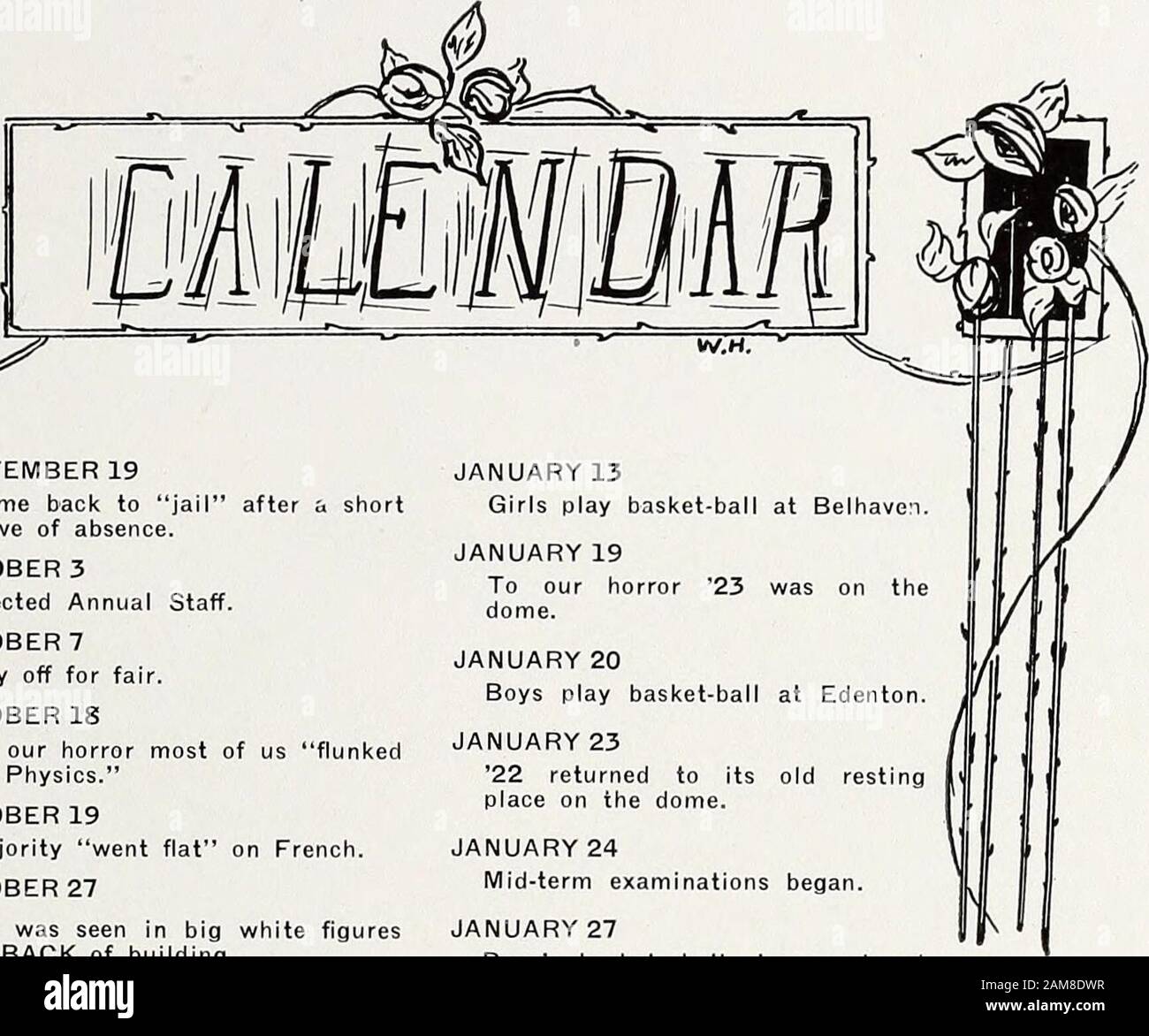 The Spotlight [1922] . dopo un breve 19 SETTEMBRE Tornò a jailleave di assenza. 3 ottobre Eletto personale annuale.7 OTTOBRE di giorno fuori per fair.OCTOBER È Al nostro orrore la maggior parte di noi funkedon fisica. 19 ottobre La Maggioranza è andato appartamento in francese. 27 OTTOBRE 23 è stato visto in bianco figureson grande RETRO dell'edificio. 9 novembre ordini di mantenere il piano tranquillo atdinner ora. È vietato ballare. Novembre 10 anelli Senior arrivano.11 NOVEMBRE Armistice Day Celebration.NOVEMBER È Boys basket-ball squadra giocato Hertford a Hertford. Novembre 22 fuochi d'artificio del bambino esplosi.NOVEMBRE 24-28 giorno festivo. DICEMBRE 6 Miss Foto Stock