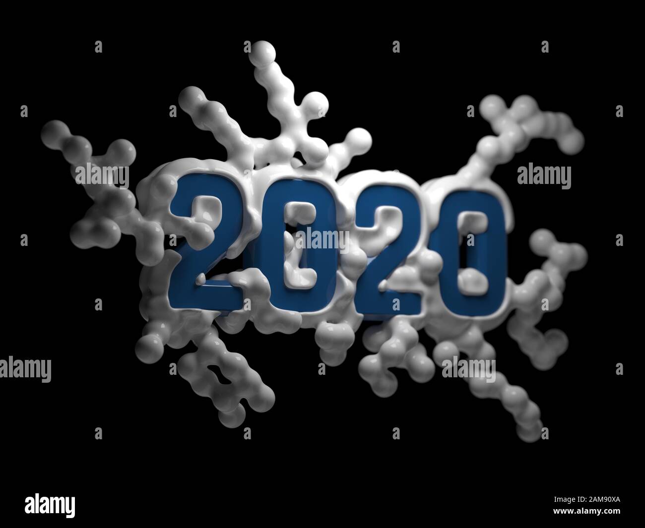 La figura 2020 fatta di plastica o metallo in popular Classic colore Blu circondato dal bianco di struttura molecolare 3d'illustrazione. Messa a fuoco selettiva di ripresa macro Foto Stock