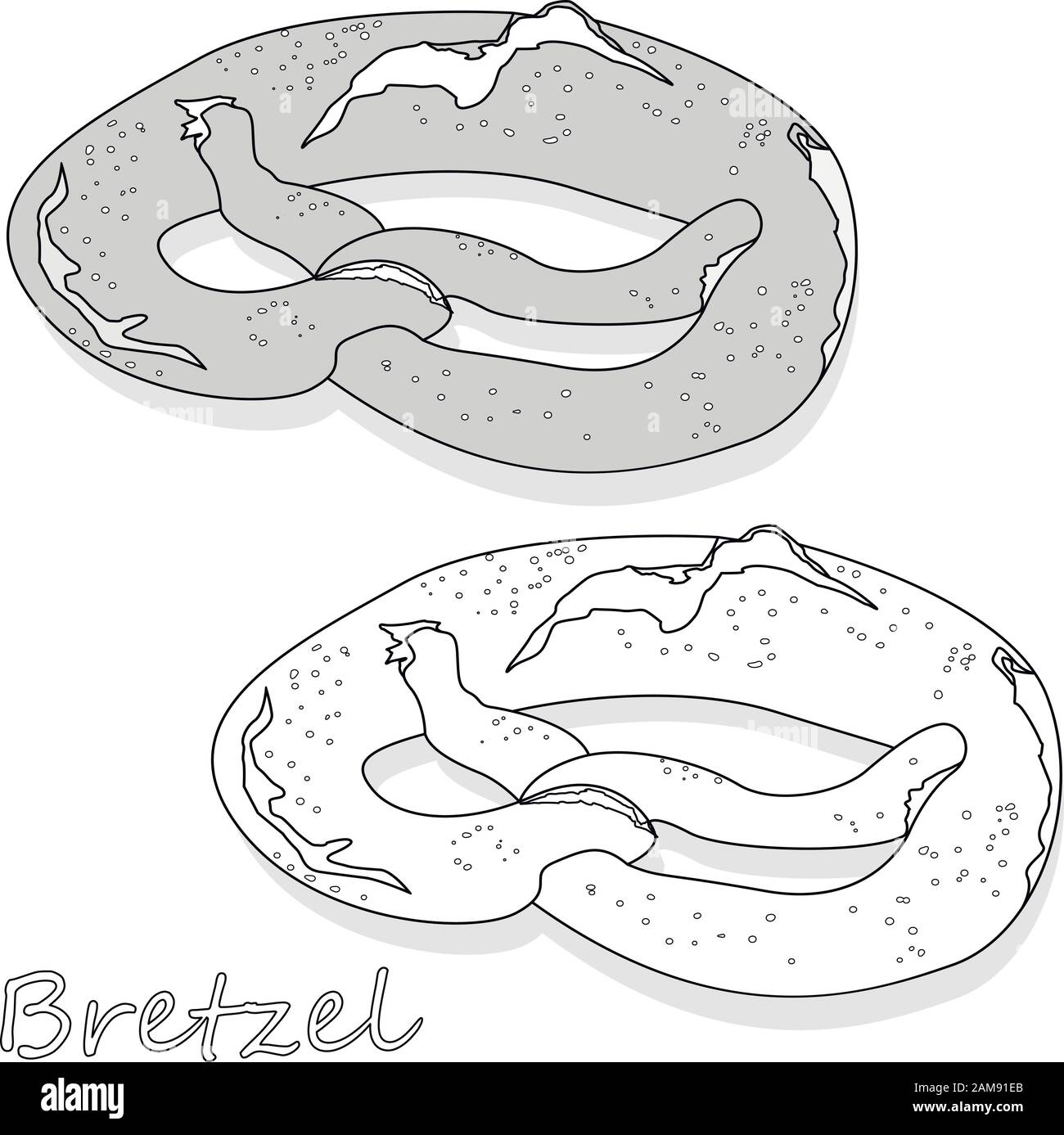 Fresco pretzel tedesco (Bretzel) con sale e ombre su sfondo bianco. Illustrazione del vettore. Monocromatico. Illustrazione Vettoriale