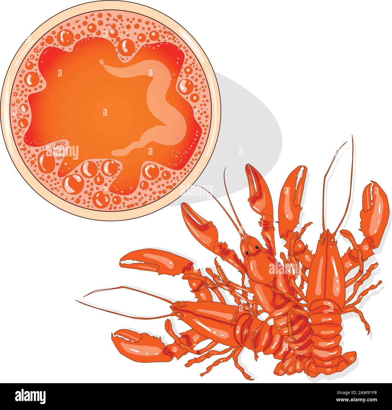 Bicchiere di birra con immagini vettoriali di aragoste isolate su bianco Illustrazione Vettoriale