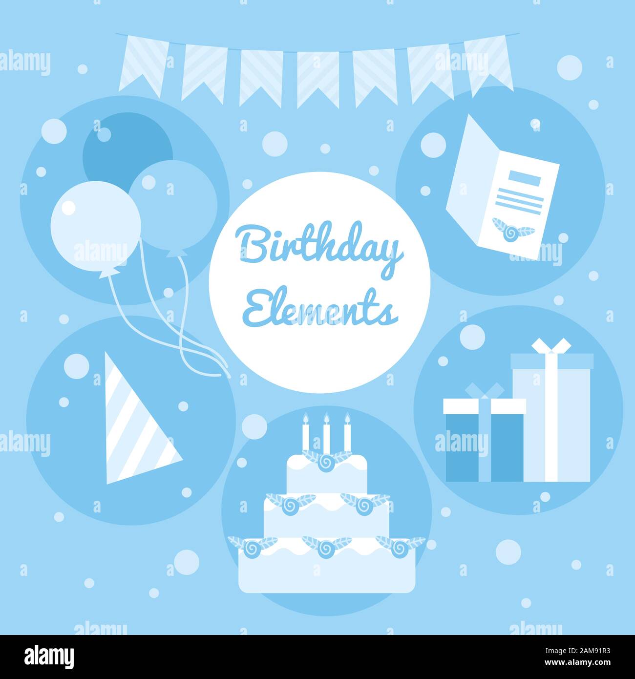 Elementi di compleanno cartoon blu. Oggetti di decorazione, ghirlande,  torta, palloncini, carta, regali e cappello da festa. Cartoncino con  illustrazione vettoriale piatta Immagine e Vettoriale - Alamy
