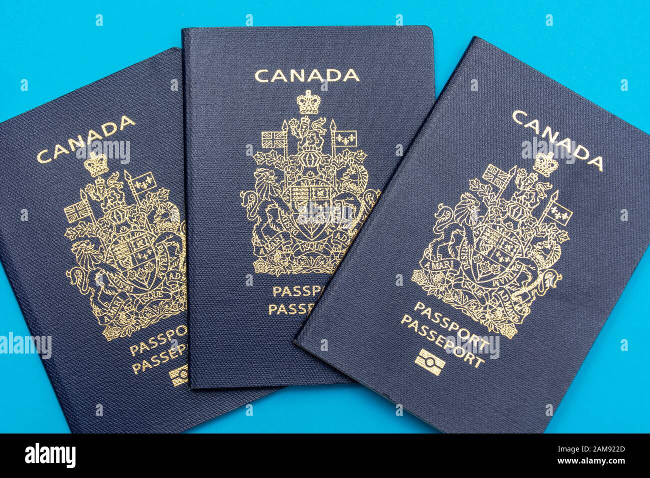 Tre passaporti canadesi sparsi su sfondo blu brillante piatto. Concetto di viaggio e vacanza. Foto Stock