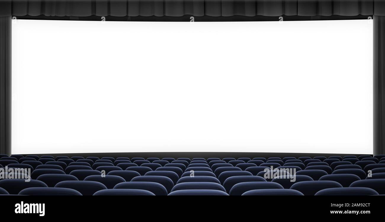 grande schermo cinematografico con cornice a tendina nera e sedili blu, illustrazione 3d Foto Stock