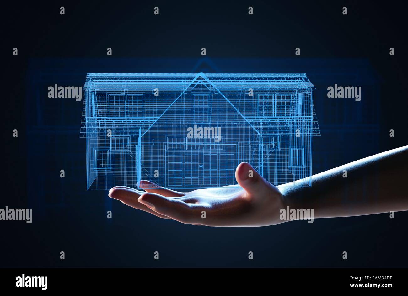 3d rendering manuale umano hold house blueprint o wireframe Foto Stock