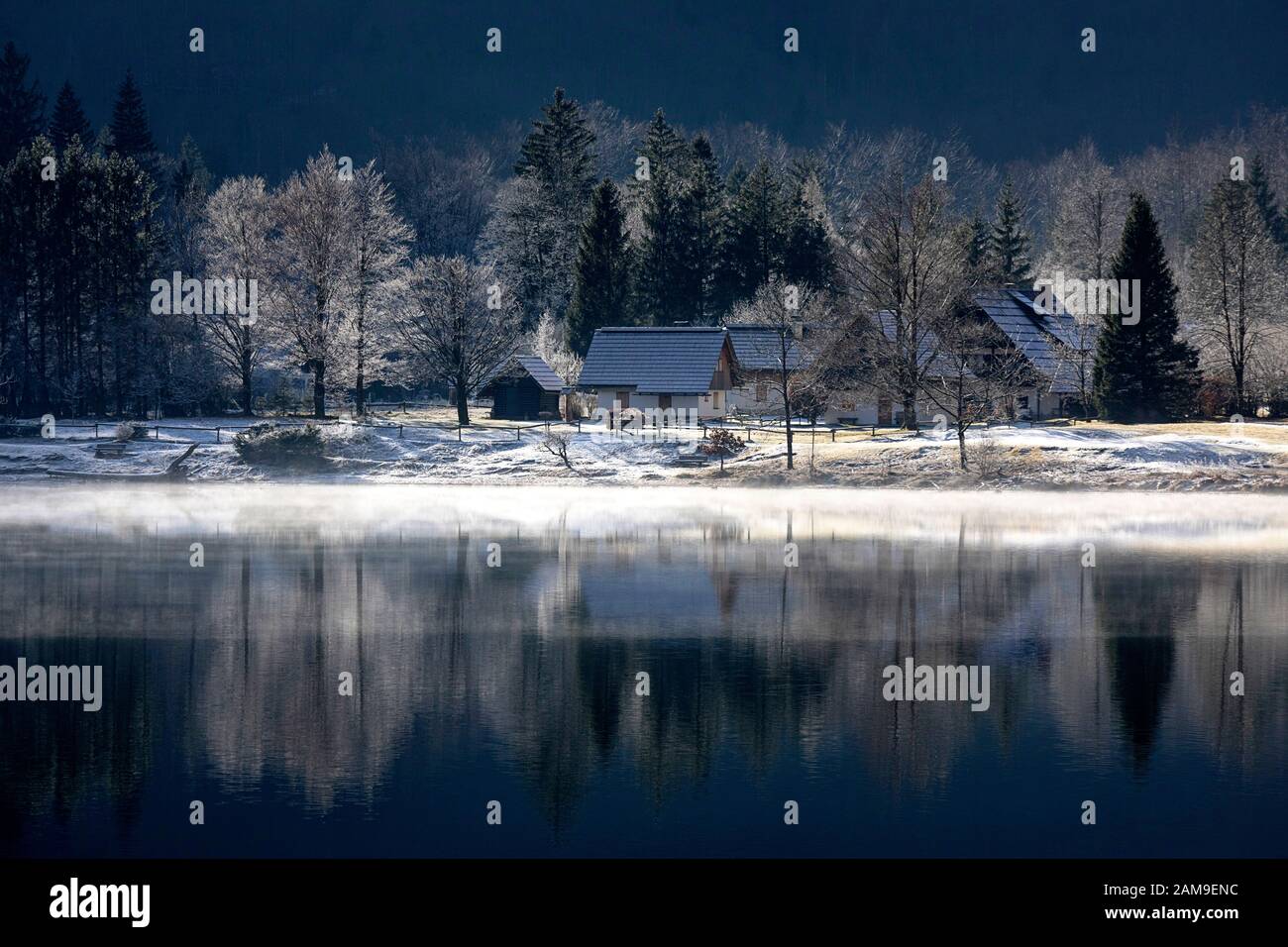 Misty mattina e cottage tradizionali al lago di Bohinj, slovenia, bella atmosfera Foto Stock
