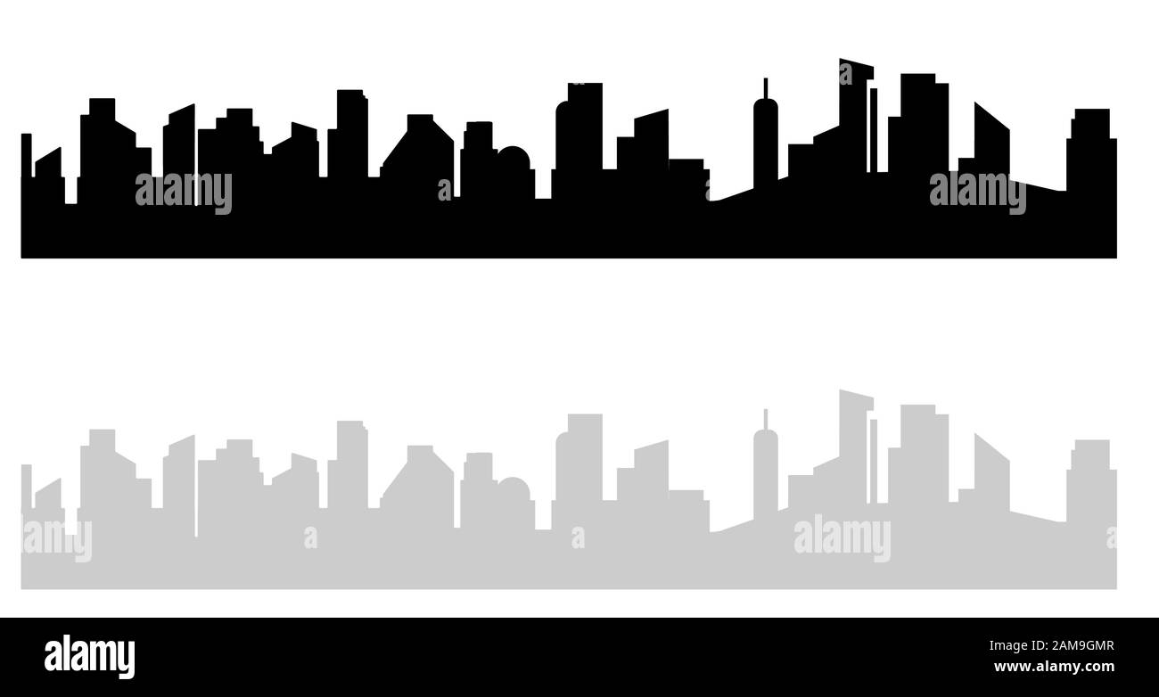 Paesaggio urbano bianco e nero. Moderna vista urbana su case alte e grattacieli nella grande città. Immagine vettoriale grigio scuro isolata dallo sfondo Illustrazione Vettoriale