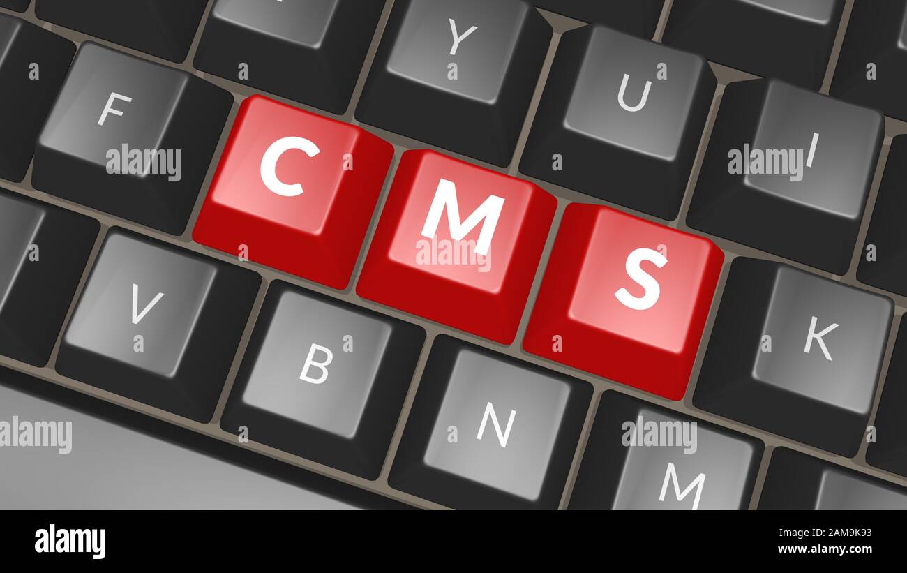 Word CMS sulla tastiera nera. Tasto Komputer che mostra la parola CMS. Icona esperto professionista. Figura 3D Foto Stock