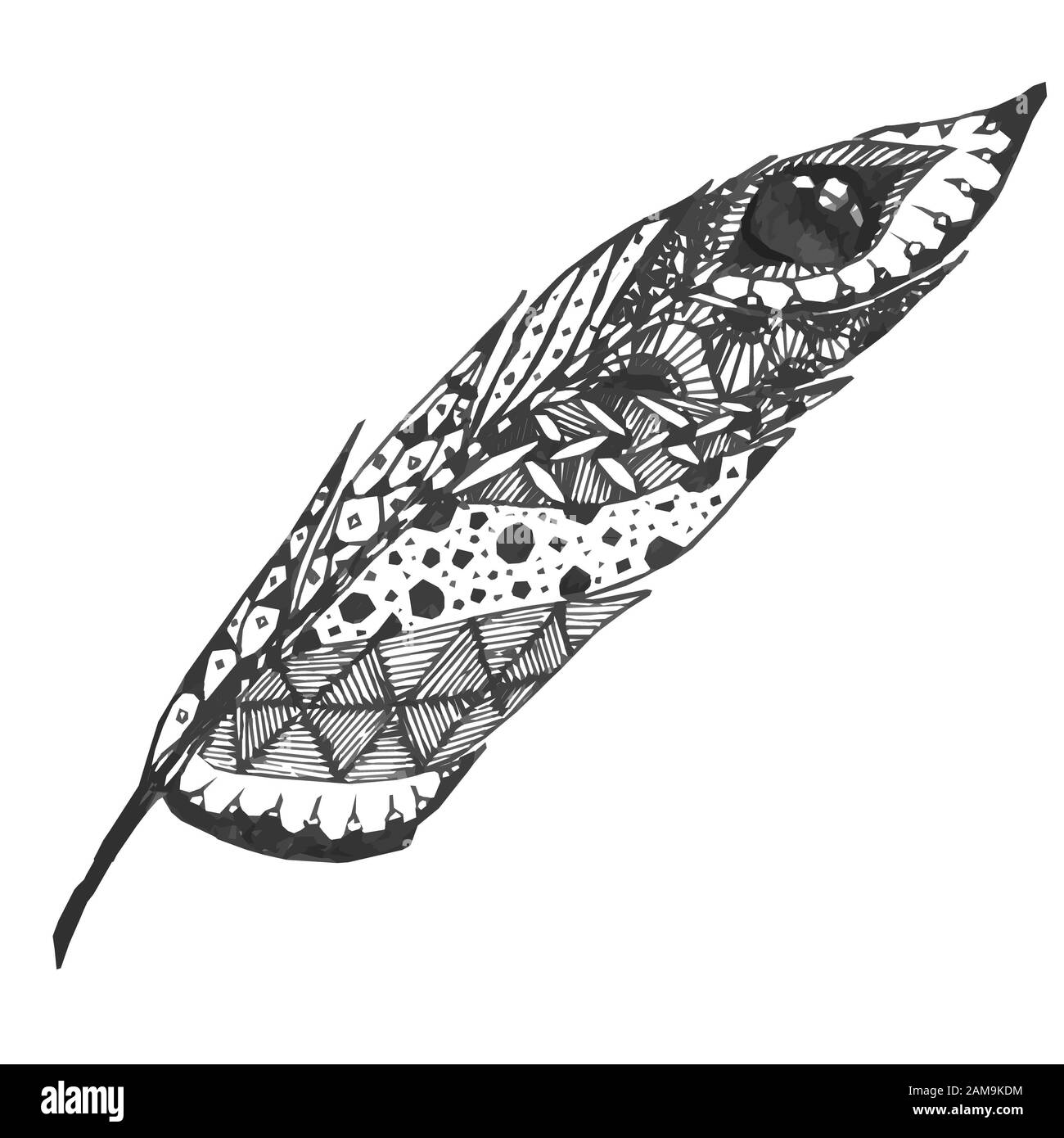 Disegnata a mano doodle zentangle feather isolato da sfondo. Bianco e nero illustrazione con diversi ornamenti. Foto Stock