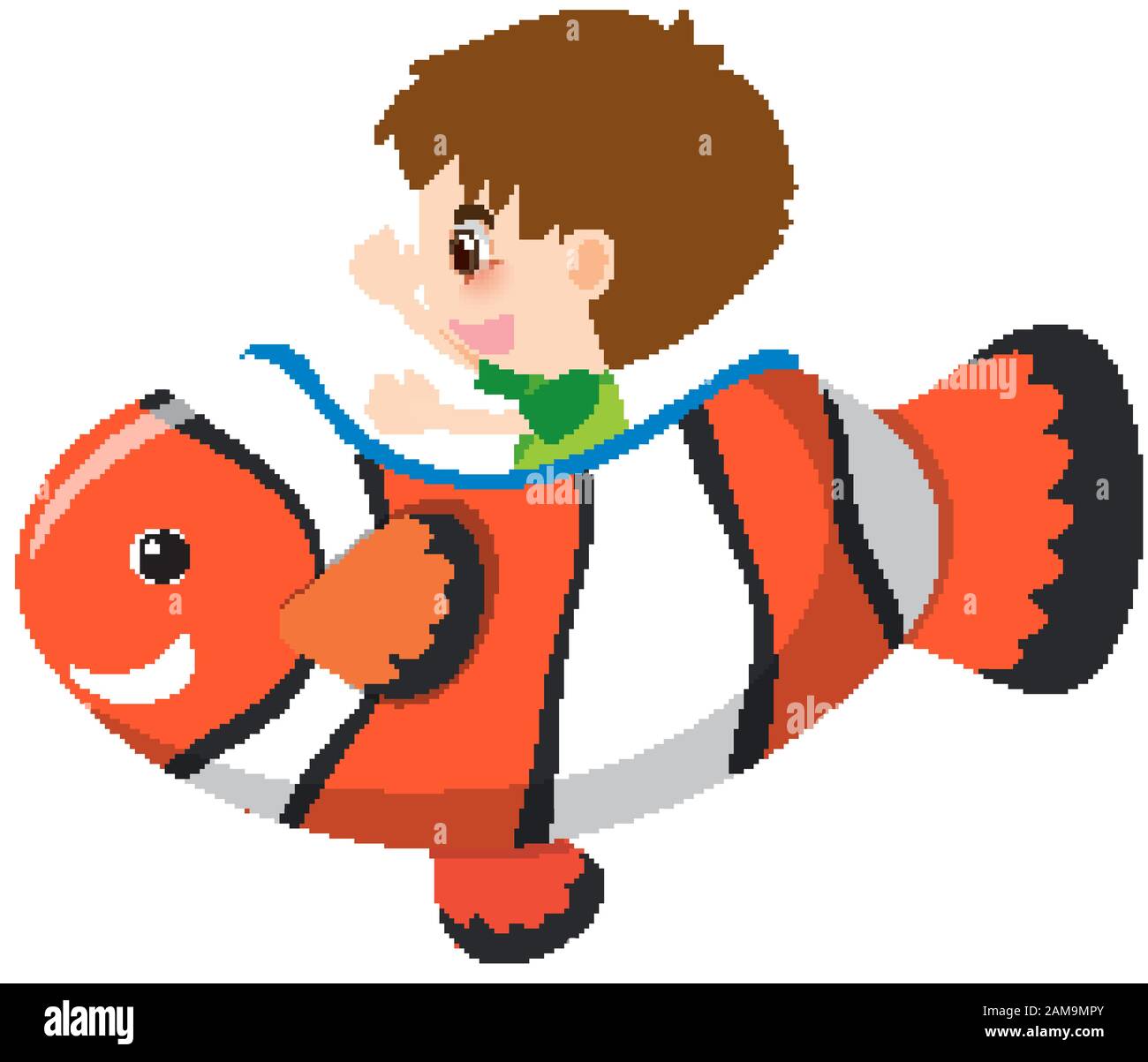Personaggio singolo di ragazzo e clownfish su sfondo bianco illustrazione Illustrazione Vettoriale