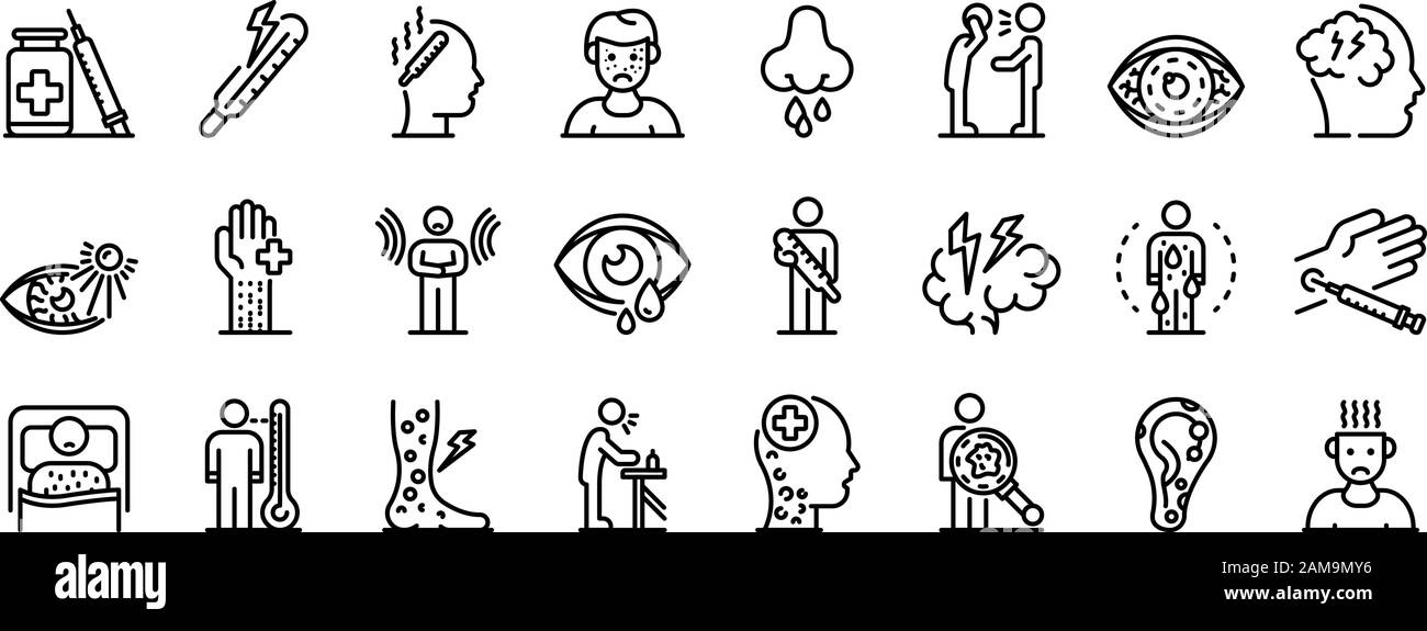 Set di icone per morbillo, stile contorno Illustrazione Vettoriale