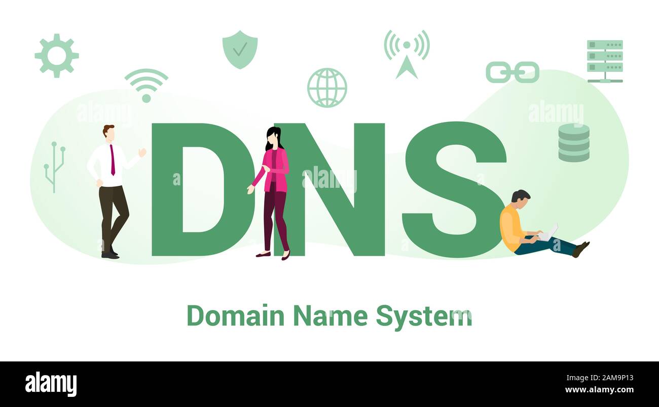 concetto di sistema di nomi di dominio dns con parole grandi o testo e persone di squadra con stile piatto moderno - illustrazione vettoriale Foto Stock