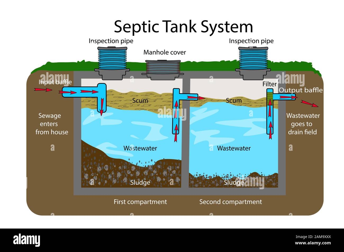 Diagramma Serbatoio settico. Sistema settico e schema di campo di drenaggio . Infografica con descrizioni di testo di Un Serbatoio Settico. Acque reflue domestiche. Vettore stock Illustrazione Vettoriale