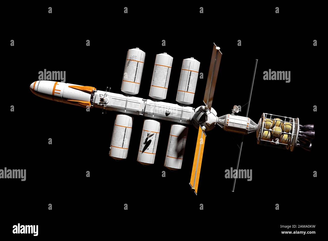 astronave futuristica isolata su sfondo nero, design a razzo Foto Stock
