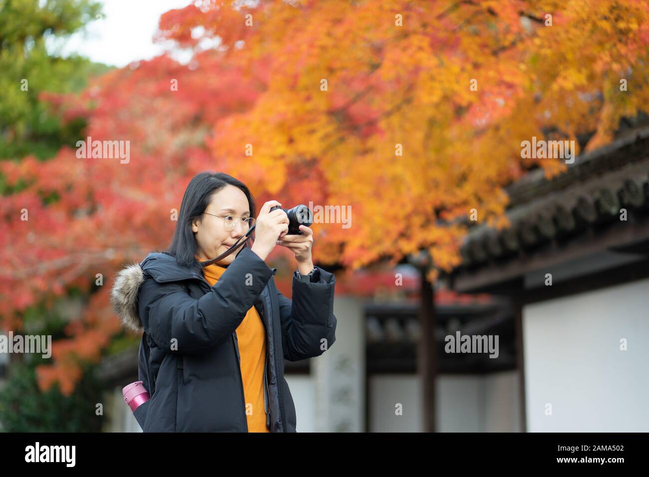 Giovane e bella fotografa con la macchina fotografica professionale che scatta la foto bella foglia d'acero colorata d'autunno a Kyoto Giappone. Foto Stock