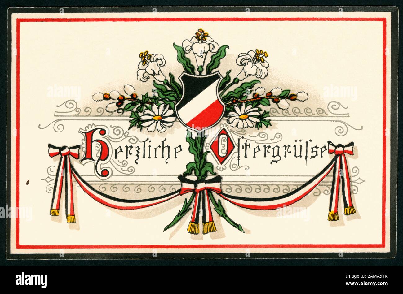 Europa, Deutschland, Niedersachsen, Hannover, 1. Weltkrieg, Propaganda, patriotische Osterkarte mit dem testo : ' Herzliche Ostergrüße ' und ein Schild und Band mit schwarz-weiß-roten Farben , Postkarte wurde am 03. 04. 1915 verschickt / Europa, Germania, Bassa Sassonia, Hannover, WW i , propaganda, cartolina patriottica di Pasqua con il testo : ' Eastergreetings Più Caldi ' e nero-bianco-rosso colori , cartolina inviata 03. 04. 1915 . Foto Stock