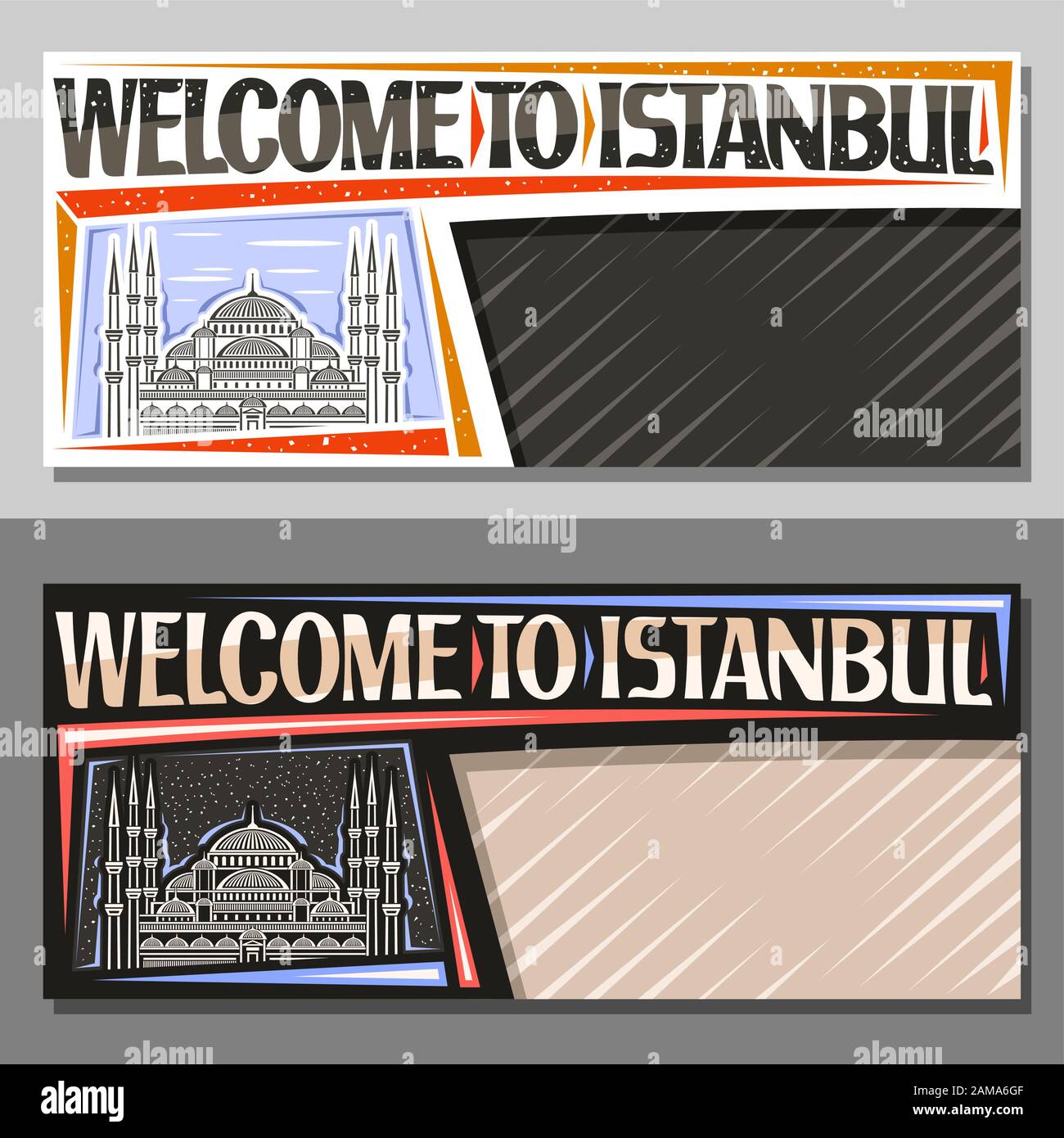 Layout vettoriali per Istanbul con spazio copia, coupon decorativo con illustrazione contorno del famoso Sultano Ahmet Camii su sfondo cielo giorno e notte, Illustrazione Vettoriale