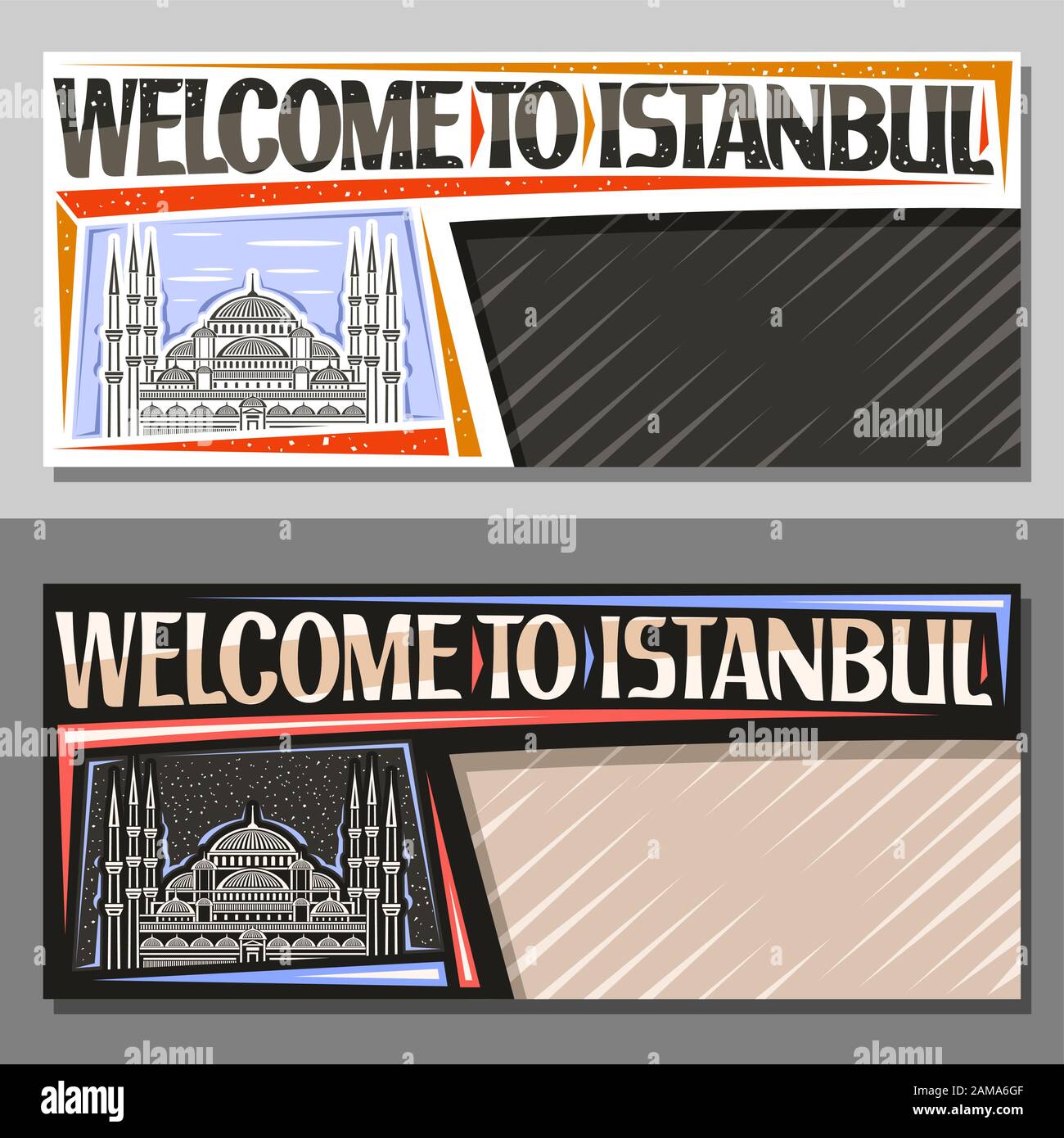 Layout vettoriali per Istanbul con spazio copia, coupon decorativo con illustrazione contorno del famoso Sultano Ahmet Camii su sfondo cielo giorno e notte, Illustrazione Vettoriale