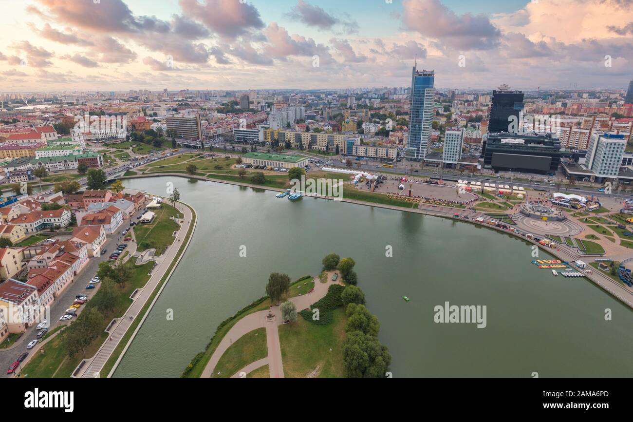 Viale Indipendenza Minsk. Centro citta'. Girato in un drone Foto Stock