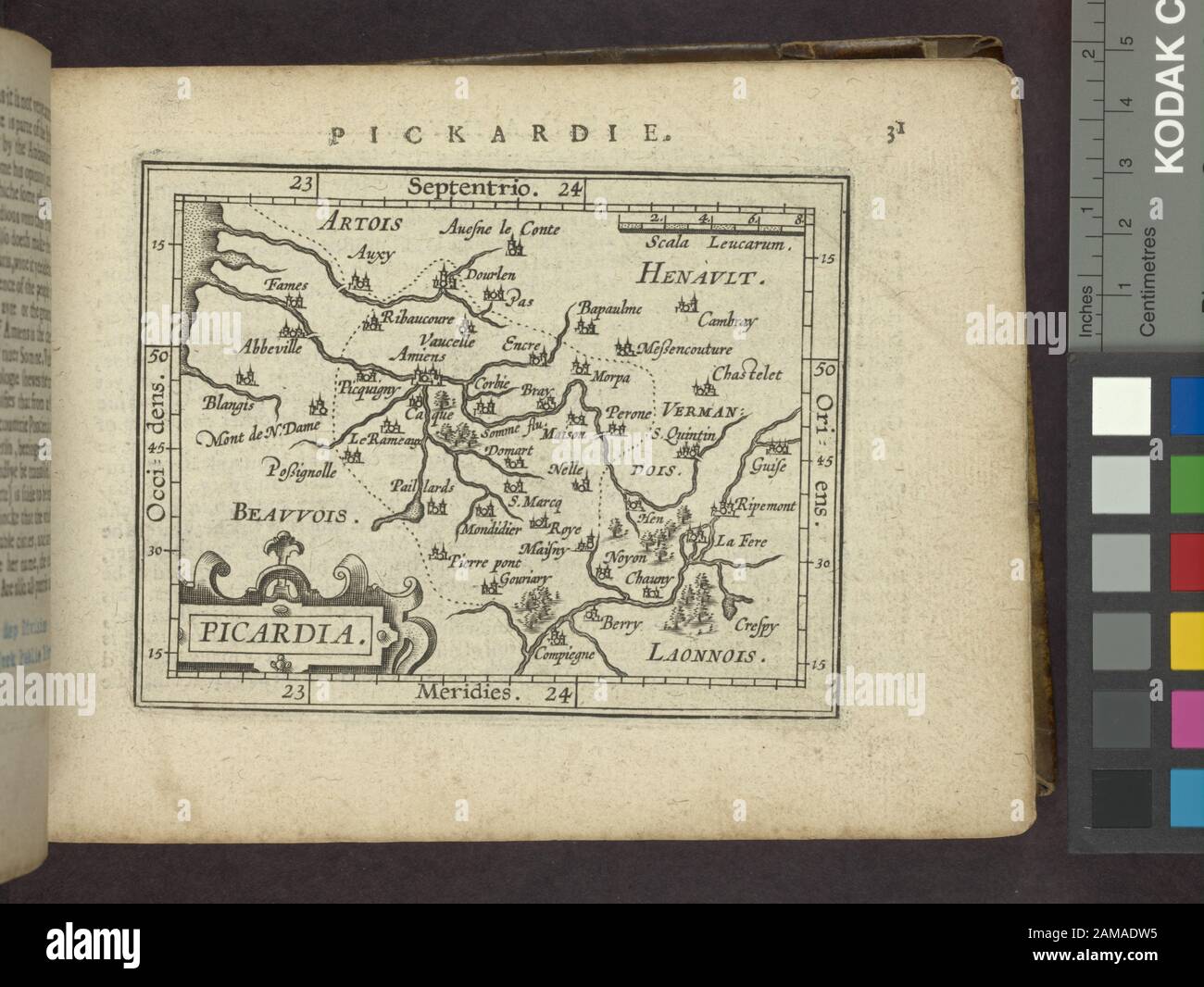 Picardia un'aggiunta alle epitomie di Abraham Ortelius il suo teatro littel, nevvly corected, augmentated e adorna di misure geographicall, da Michel Coignet ..., aggiunto alla fine su finale 15 foglie. Citazione/Riferimento: Phillips 3407 Include L'Indice. Lawrence H. Slaughter Collection ; 301. Mappe su rectos di foglie, con testo descrittivo su versos opposti. La copia di NYPL ha ms. Note scritte in inchiostro su t.p. e all'interno della copertina posteriore. Dotazione Nazionale per il sussidio Humanities per l'accesso alle mappe anticipate della Seaboard del Medio Atlantico. Testo su verso.; Picardia. Foto Stock