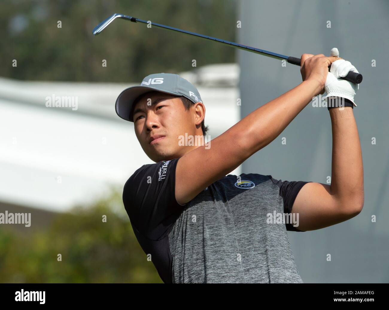 Fanling, Hong Kong, Cina. 12th gennaio 2020. 61st Hong Kong Open Golf Final Round. Gunn Charenkul della Thailandia sul tee 4th. Credito: Hkphotonews/Alamy Live News Foto Stock