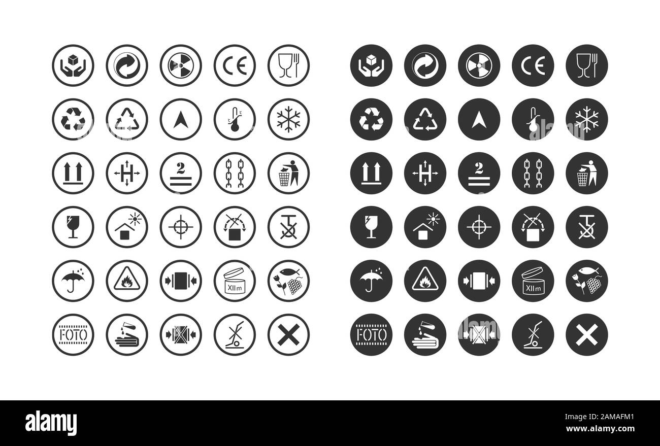 Collezioni di segni informativi di base per l'etichettatura su scatole di cartone. Icone logistiche per prodotti, etichette, contenitori. Illustrazione Vettoriale