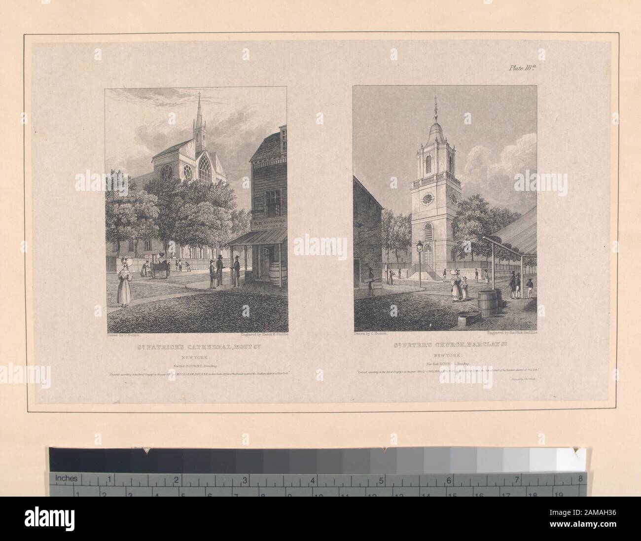 Plate 18th St Patrick's Cathedral, Mott St New York; St Peter's Church, Barclay St New York Citation/reference : Stokes P.1830-e-59A-1 Print Division possiede un altro set nella Collezione Phelps Stokes. Questo insieme è privo di frontespizio e piastra 19. Citazione/riferimento : Deák 392 citazione/riferimento : Deák 392.18; Piastra 18th. Cattedrale Di San Patrizio, Mott St. New York; Chiesa Di San Pietro, Barclay St. New York. Foto Stock