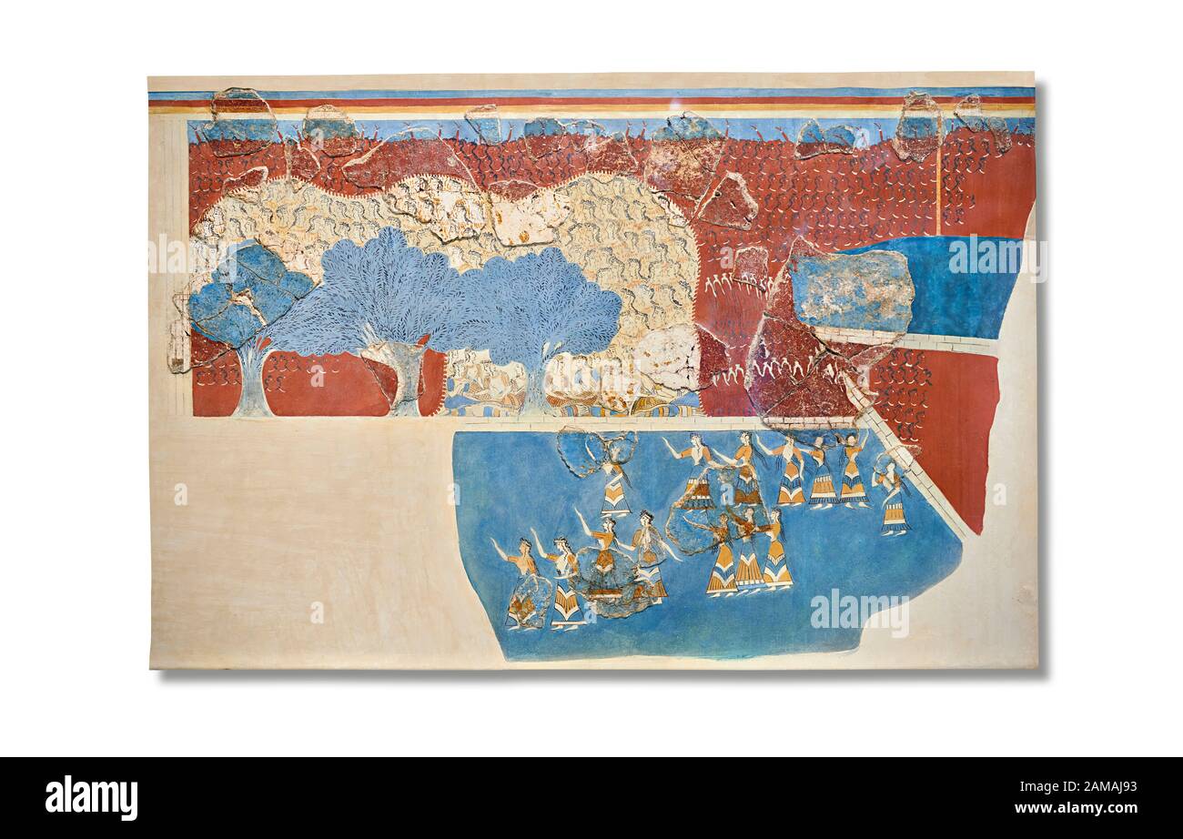 Minoan 'Sacred Grove and Dance Freco', arte da muro dal Palazzo di Cnosso, 1600-1450 a.C. Museo Archeologico Di Heraklion. Sfondo Bianco. Questo Neopala Foto Stock