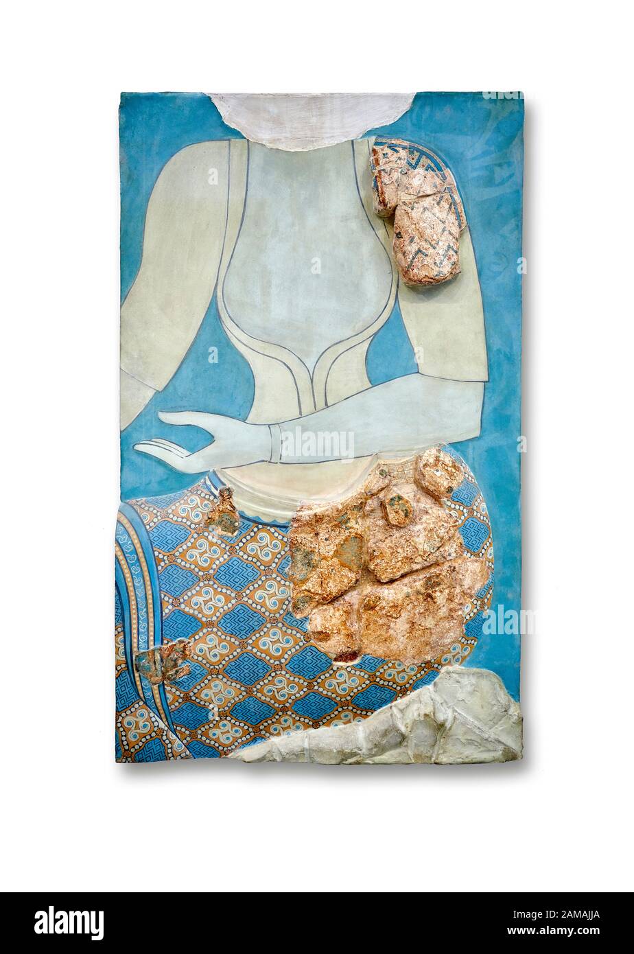Affresco muraria minoica raffigurante una figura femminile, periodo neopalaziale, c. Pseira, Creta. Museo Archeologico Di Heraklion. Sfondo Bianco. Foto Stock