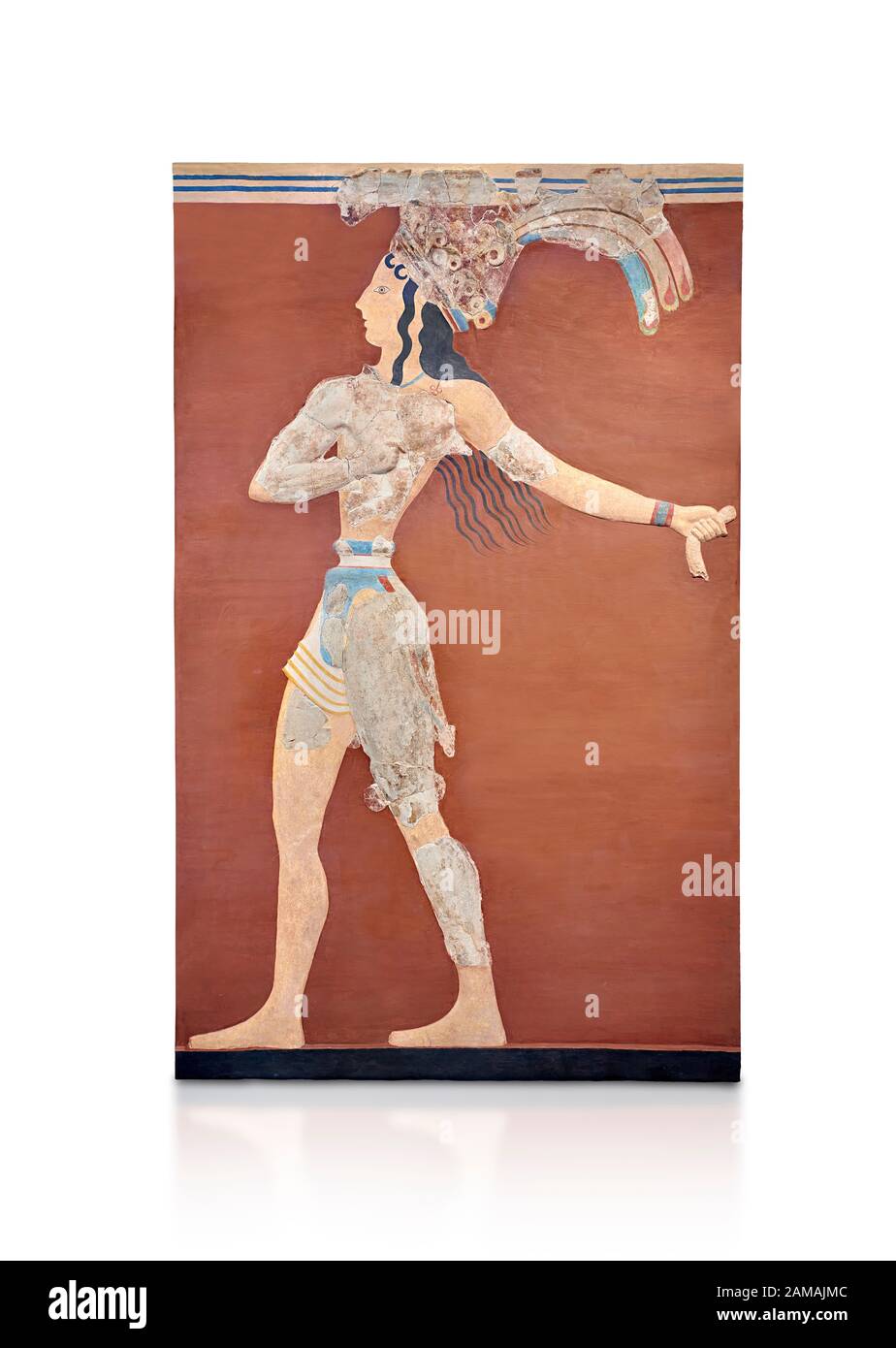 Minoan 'Prince of the Lilies' Wall art freco, Palazzo di Knossos, 1600-1450 Museo Archeologico di BCHeraklion. Sfondo Bianco. Un'immagine emblematica di Foto Stock