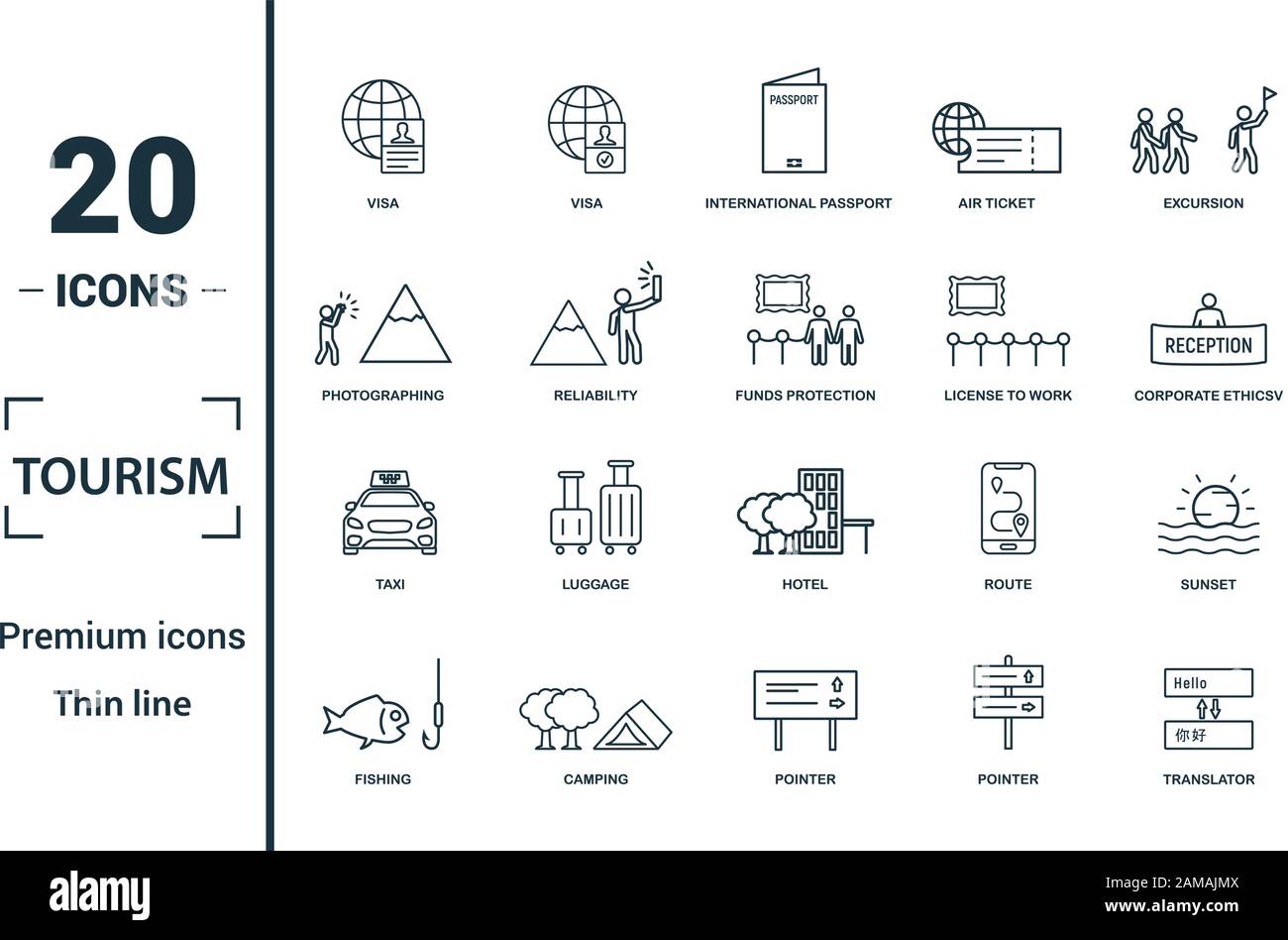 Turismo icon set. Includere elementi creativi visa, passaporto, fotografando, mostre, taxi icone. Può essere utilizzato per la relazione, presentazione Illustrazione Vettoriale