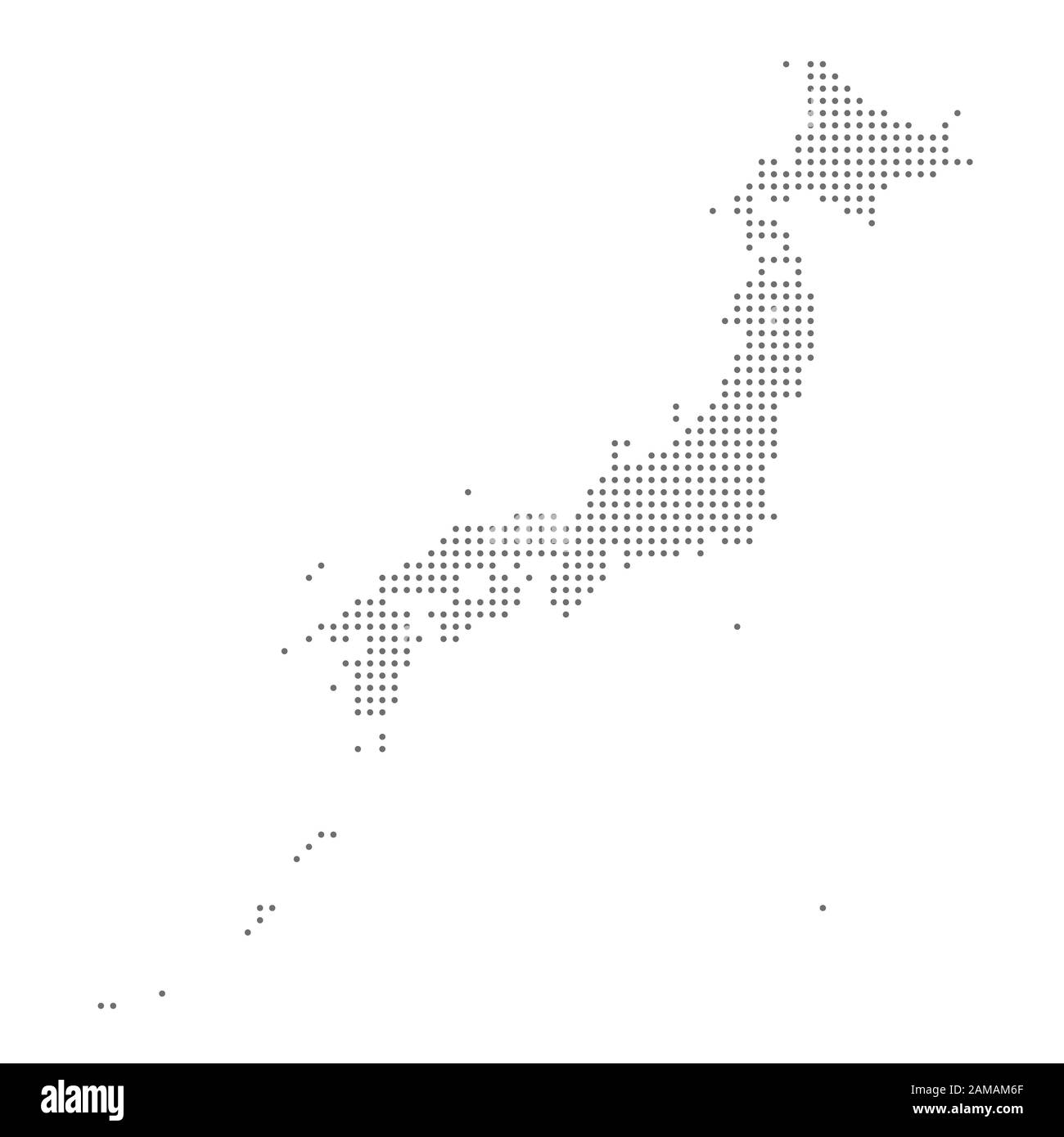 Mappa del Giappone punteggiata, punto grigio, su sfondo bianco. Illustrazione del vettore. Web design, carta da parati, volantini, inviti, poster, brochure, banner. Illustrazione Vettoriale