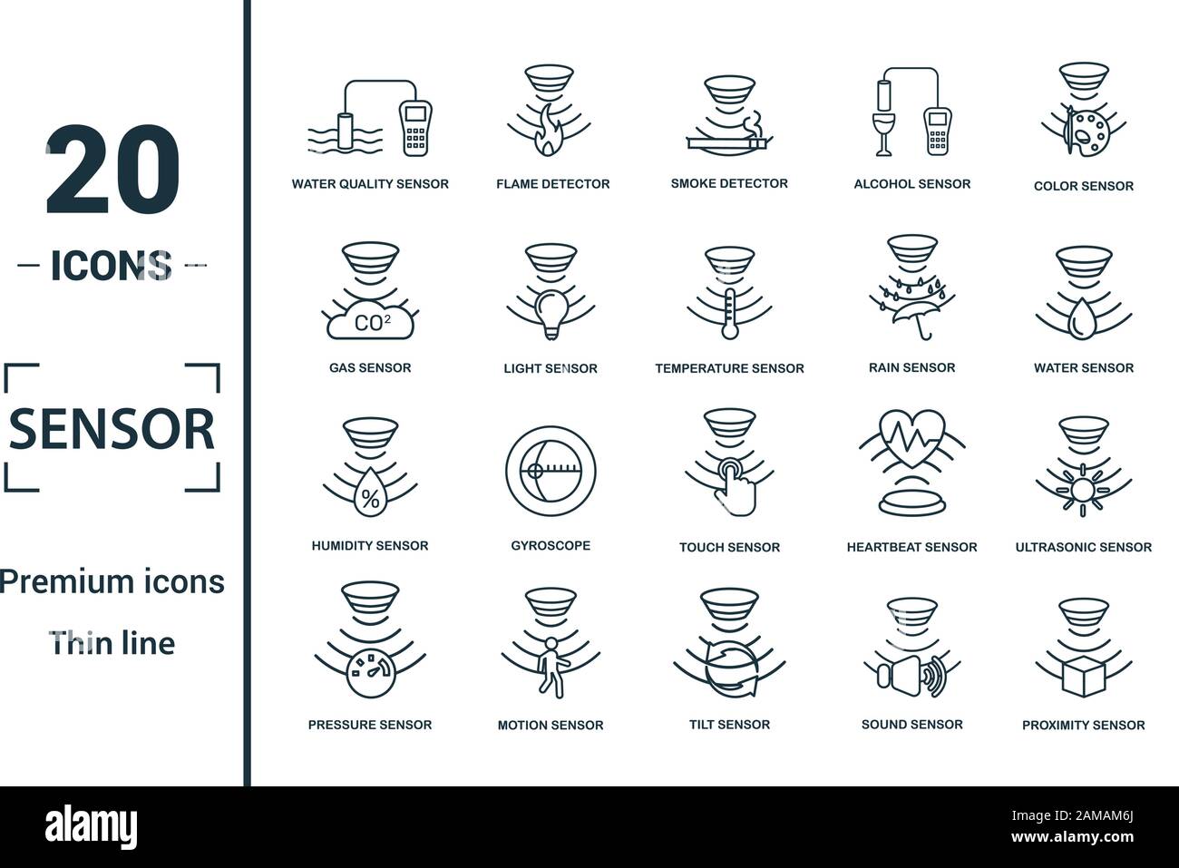Icona del sensore impostato. Includere elementi creativi acqua sensore qualità, rilevatore di fumo, gas, sensore di pioggia e il sensore di umidità icone. Può essere utilizzato per il report Illustrazione Vettoriale