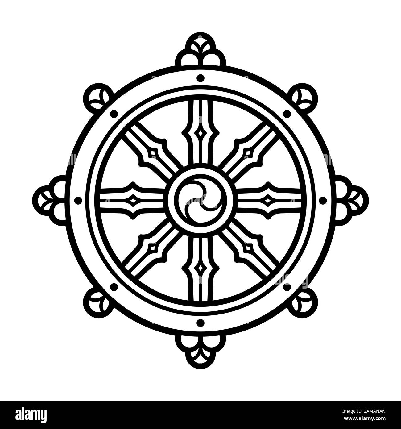 Dharmachakra (ruota Dharma) simbolo nel buddismo. Icona della linea bianca e nera, design tatuato. Illustrazione della clip vettoriale isolata. Illustrazione Vettoriale