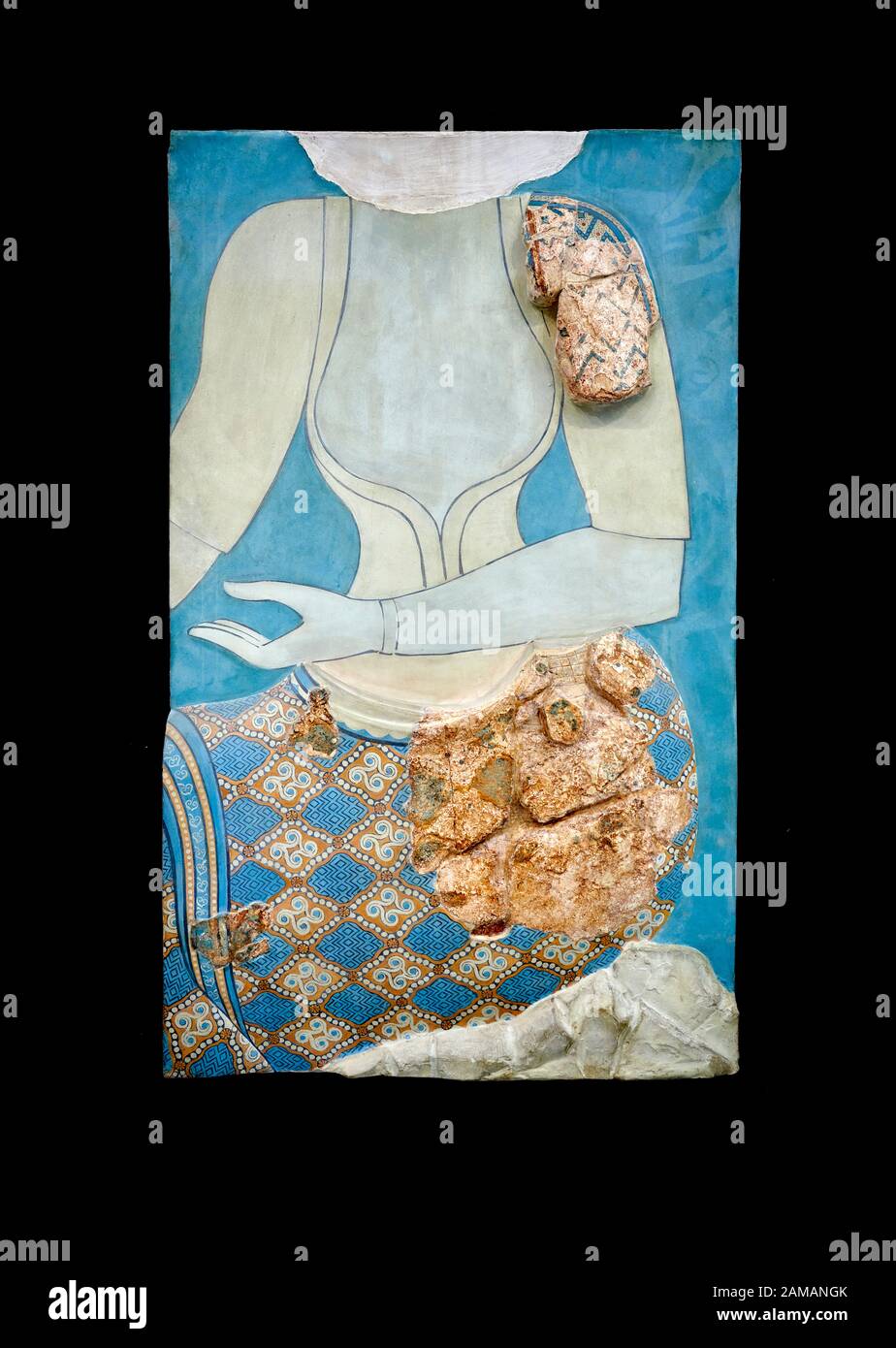 Affresco muraria minoica raffigurante una figura femminile, periodo neopalaziale, c. Pseira, Creta. Museo Archeologico Di Heraklion. Sfondo Nero. Foto Stock