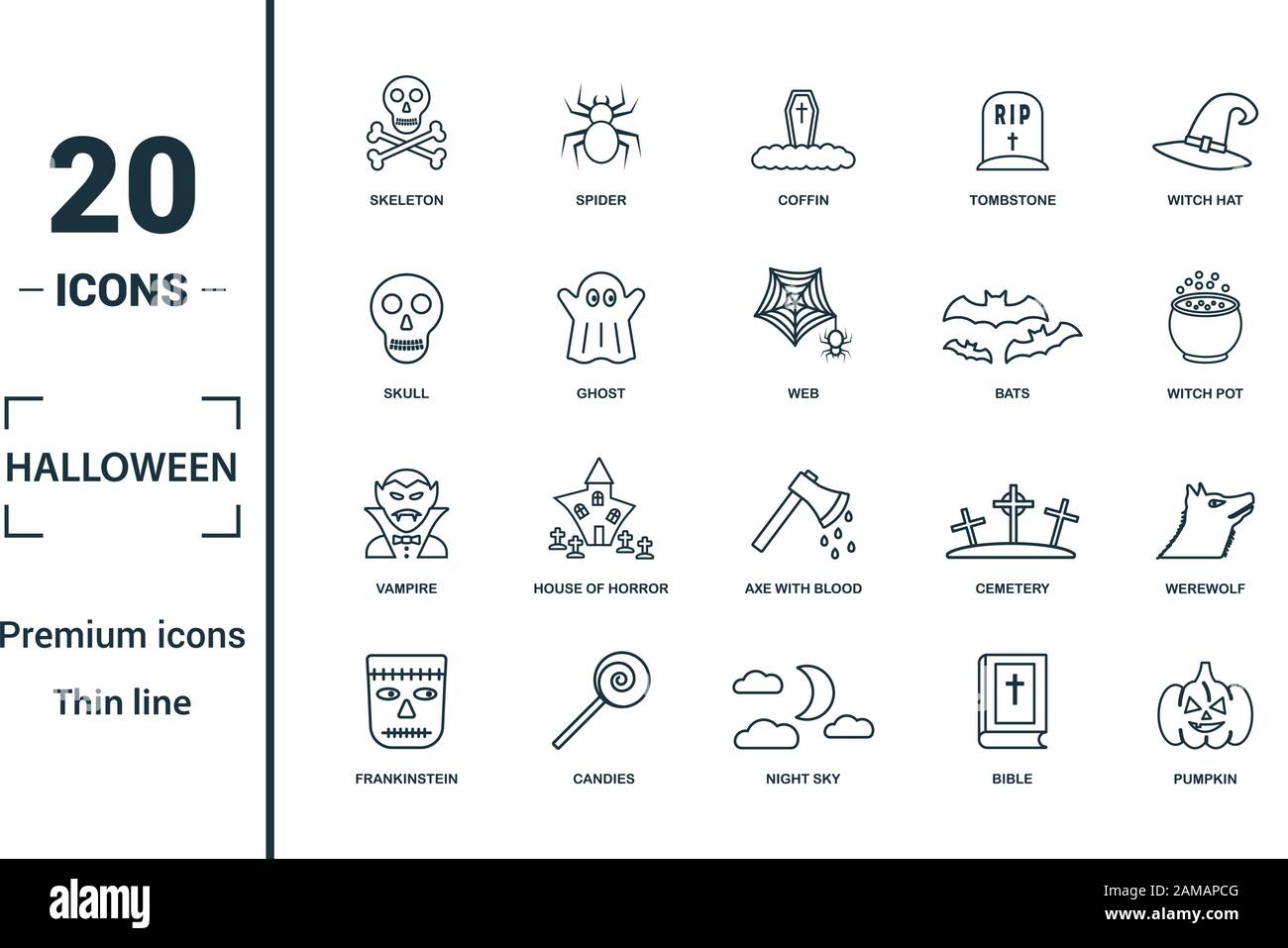 Halloween icon set. Includere elementi creativi scheletro, bara, cranio, Pipistrelli Vampiro icone. Può essere utilizzato per la relazione, presentazione, diagramma, web design Illustrazione Vettoriale