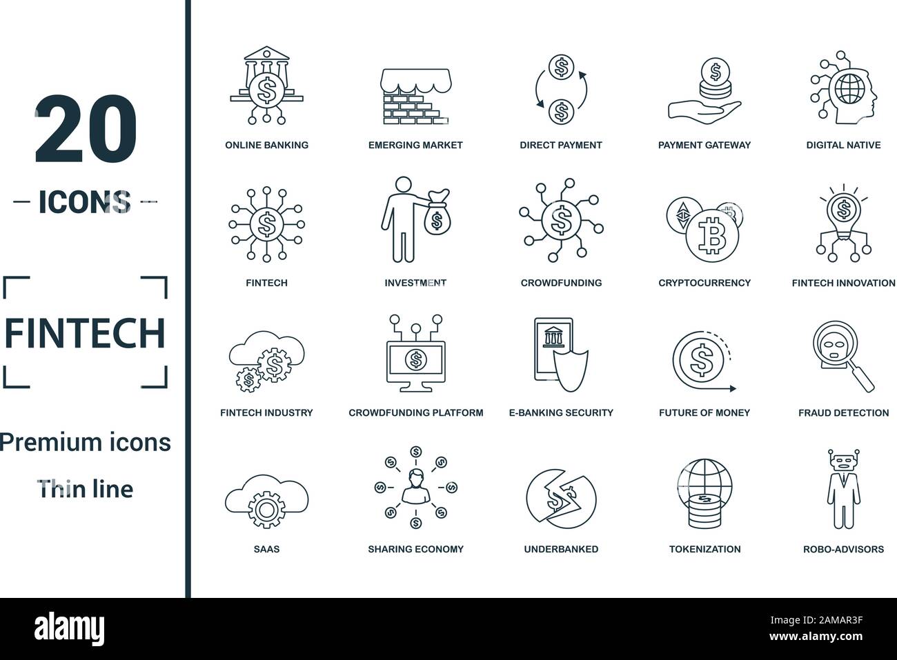Fintech icon set. Includere elementi creativi online banking, pagamento diretto, fintech, cryptocurrency, industria fintech icone. Può essere utilizzato per il report Illustrazione Vettoriale