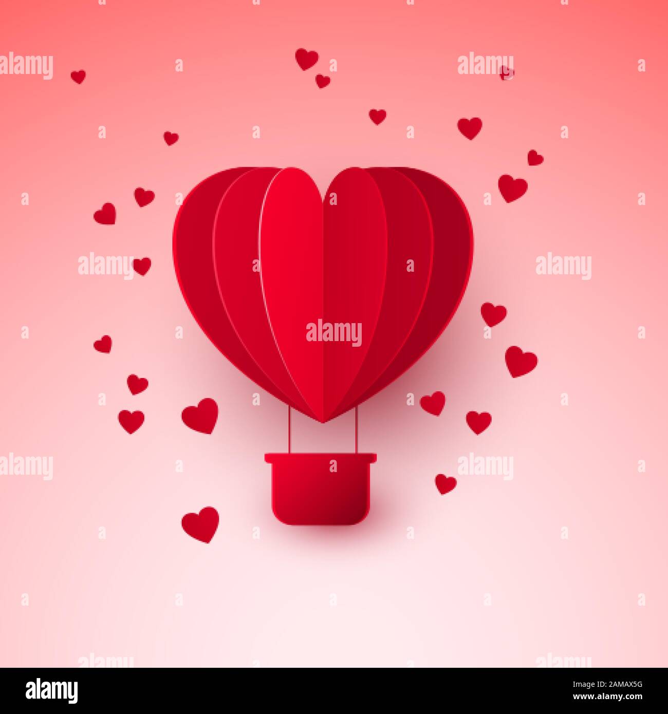 San Valentino`s giorno con carta tagliata cuore rosso forma palloncino aria. Il palloncino vola e lascia un sentiero con i cuori. Illustrazione del vettore Illustrazione Vettoriale