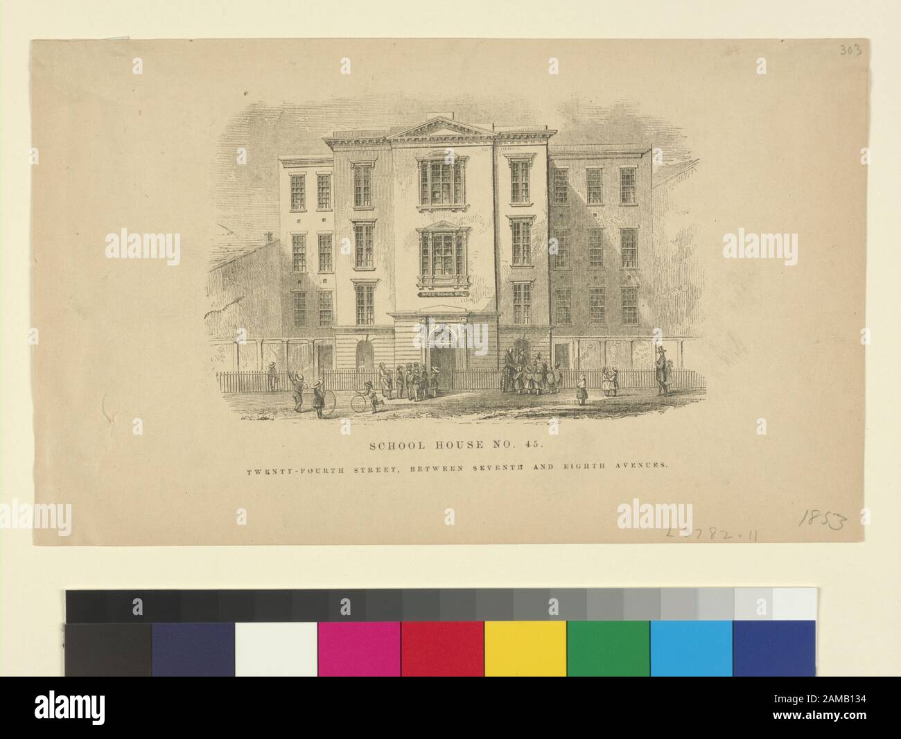 Scuole pubbliche Scuola Casa n. 45 Twenty-Fourth Street, tra il settimo e l'ottavo Avenues Segnato a matita 1853. Data raffigurata da Weitenkampf. Incisione in legno di W. Howland. Citazione/Riferimento: Eno 303 (15); Scuole Pubbliche. Casa Della Scuola N° 45. Twenty-Fourth Street, Tra La Settima E L'Ottava Avenue. Foto Stock