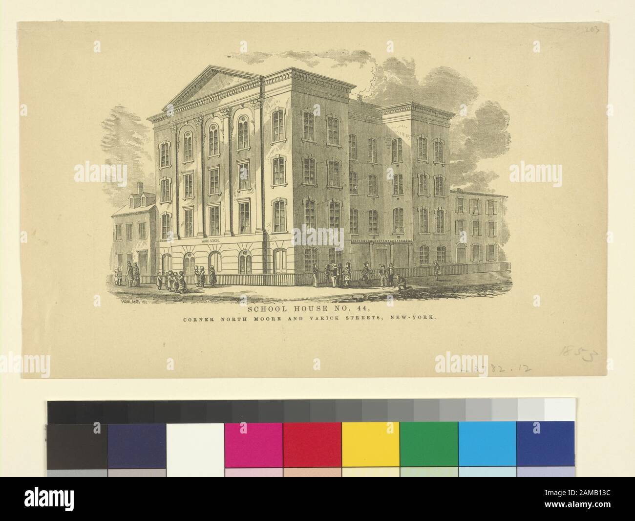 Scuole pubbliche School House No 44, angolo North Moore e Varrick Street, New-York Citation/Reference: ENO 303 (14) Segnato nella matita 1853. Data raffigurata da Weitenkampf. Incisione in legno di W. Howland.; scuole pubbliche. School House No. 44, Angolo North Moore E Varrick Street, New-York. Foto Stock